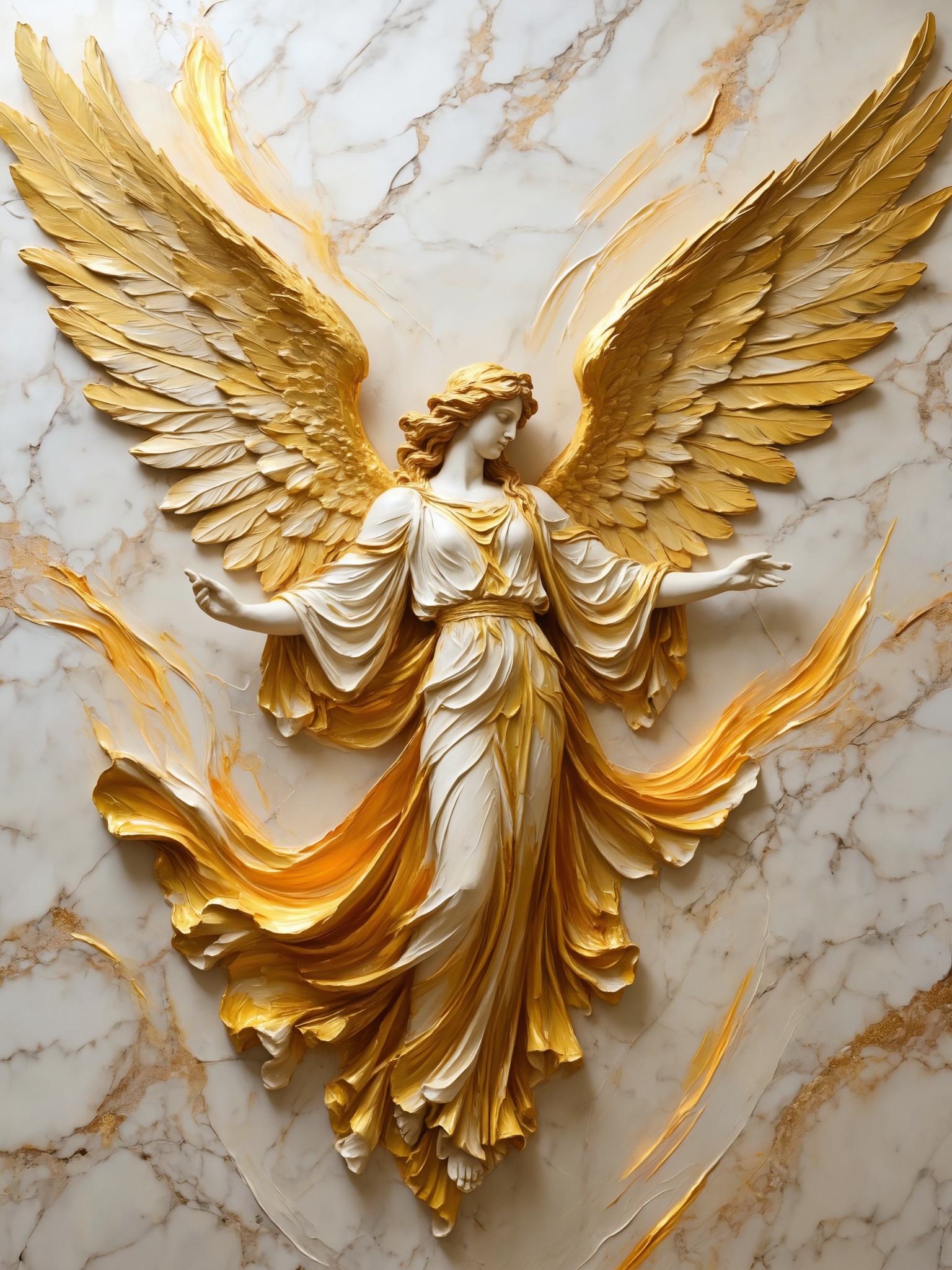 masterpiece, best quality, sculptara style, majestic angel wings emerging from thick sculpted paint, bas-relief heavenly artwork, flowing feather textures carved in impasto layers, glowing gold accents, elegant marble wall background