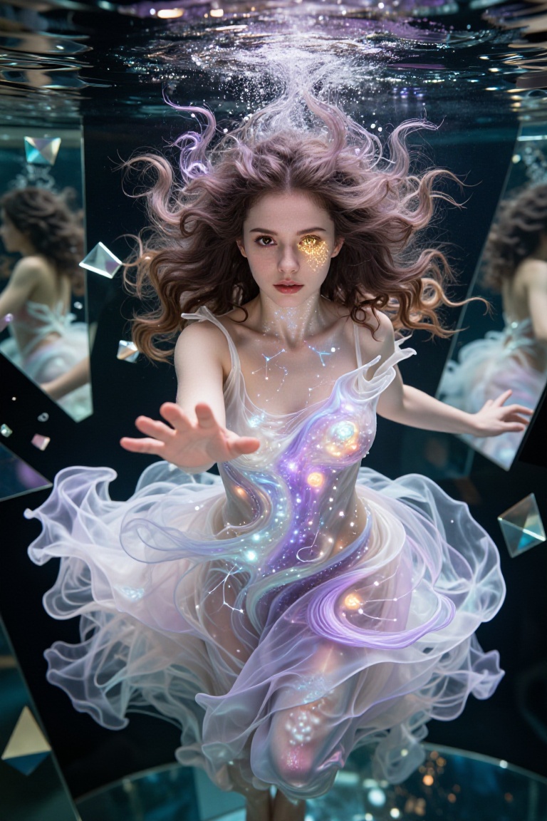 A mesmerizing woman with iridescent skin that shifts between pearl and lavender hues floats weightlessly in a surreal drea...