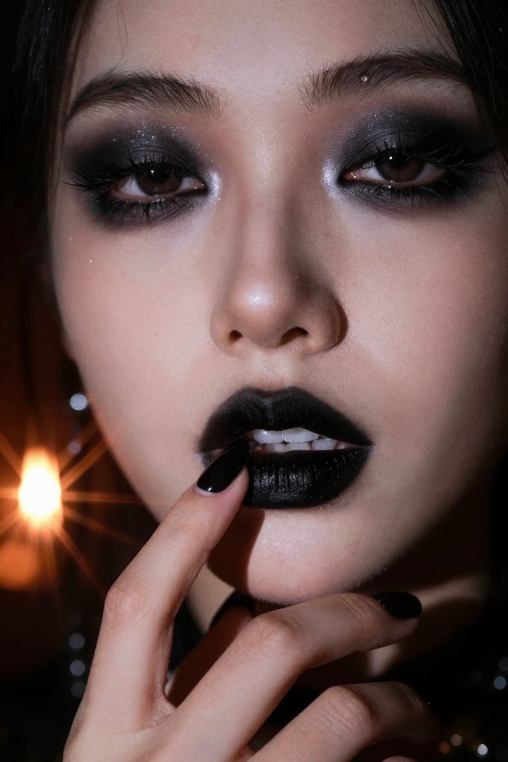 Extreme close-up of a woman’s parted lips,  black lipstick,  heavy goth eye makeup on Tensor.Art