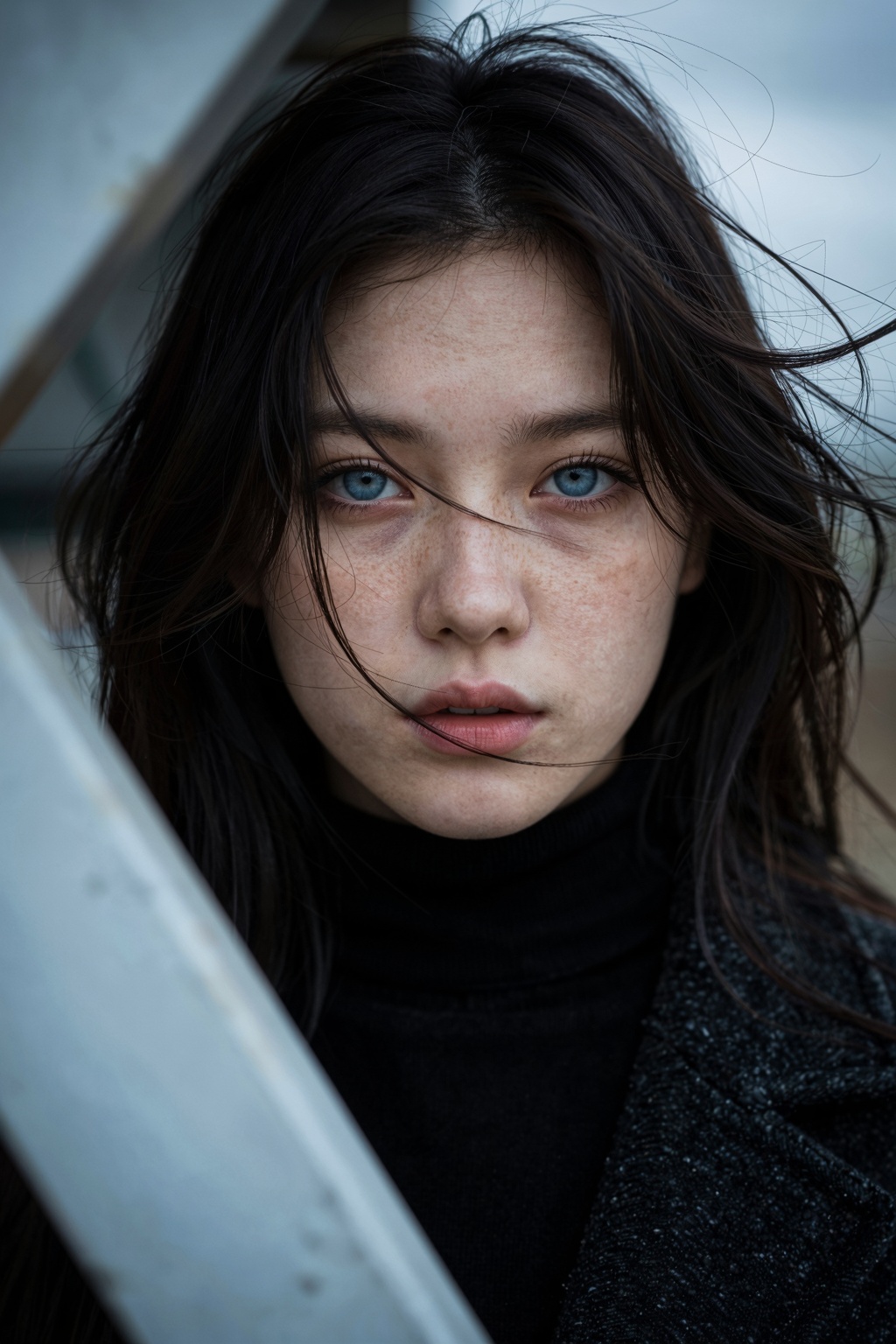 A close-up portrait of a young woman with striking blue eyes,  abundant freckles,  and wind-swept dark hair. She wears a b...