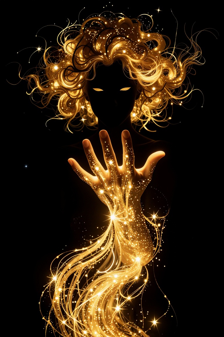 A figure in complete silhouette against absolute black void. Their form is defined solely by luminous golden energy: curly...