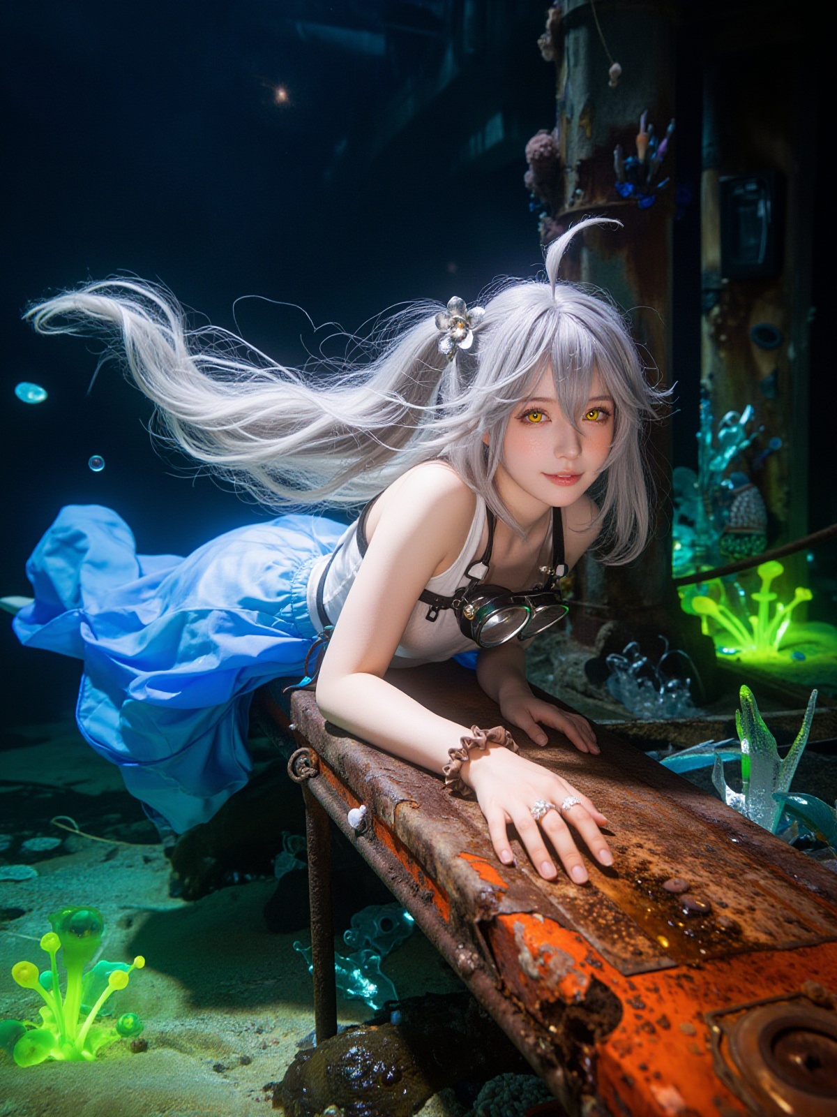 A young woman floats in ghostly silence,  her grey-white hair drifting in a slow,  weightless curtain around her. A long s...