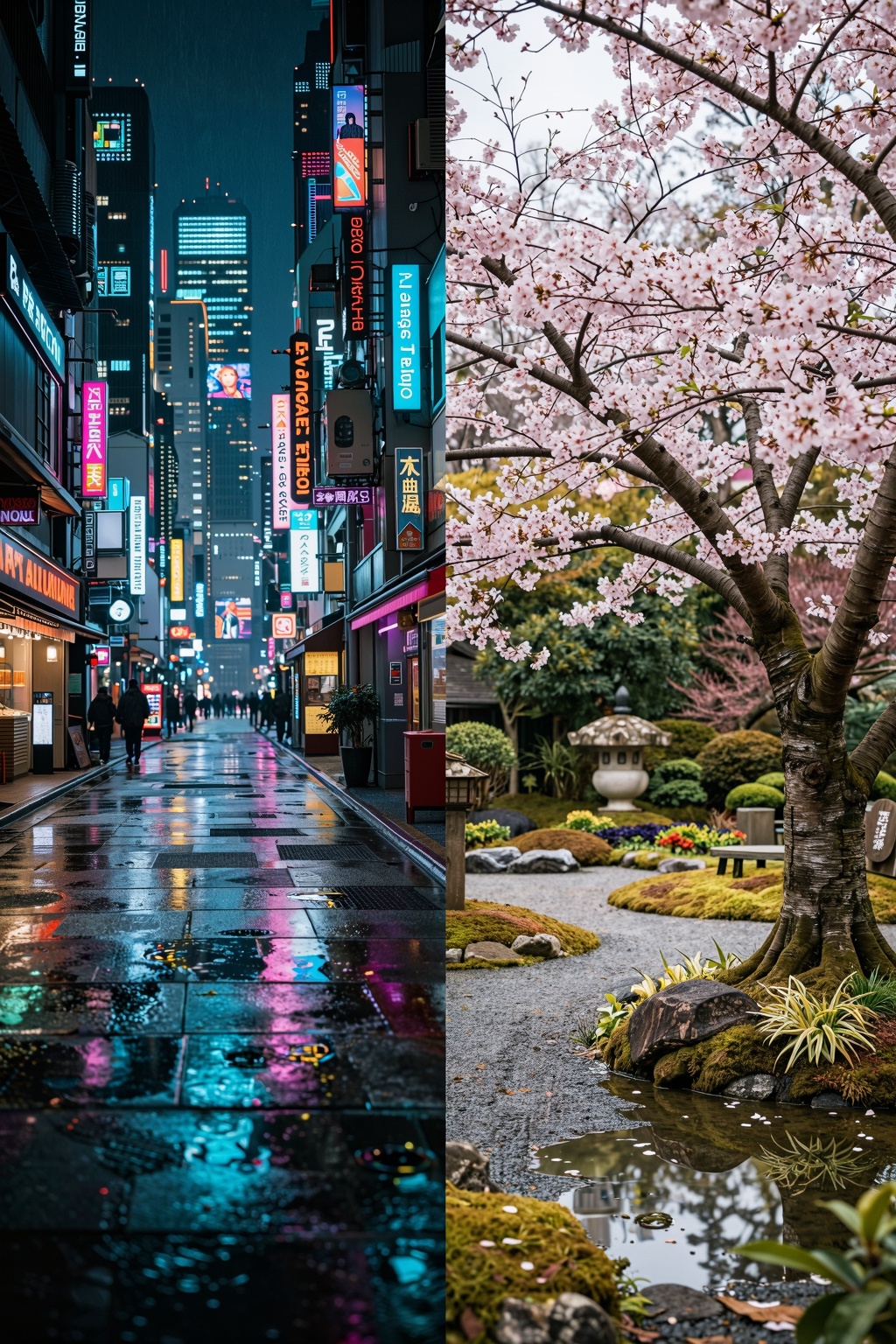 A split-image composition: on the left,  a dense,  rain-slicked cyberpunk cityscape at night with complex neon reflections...