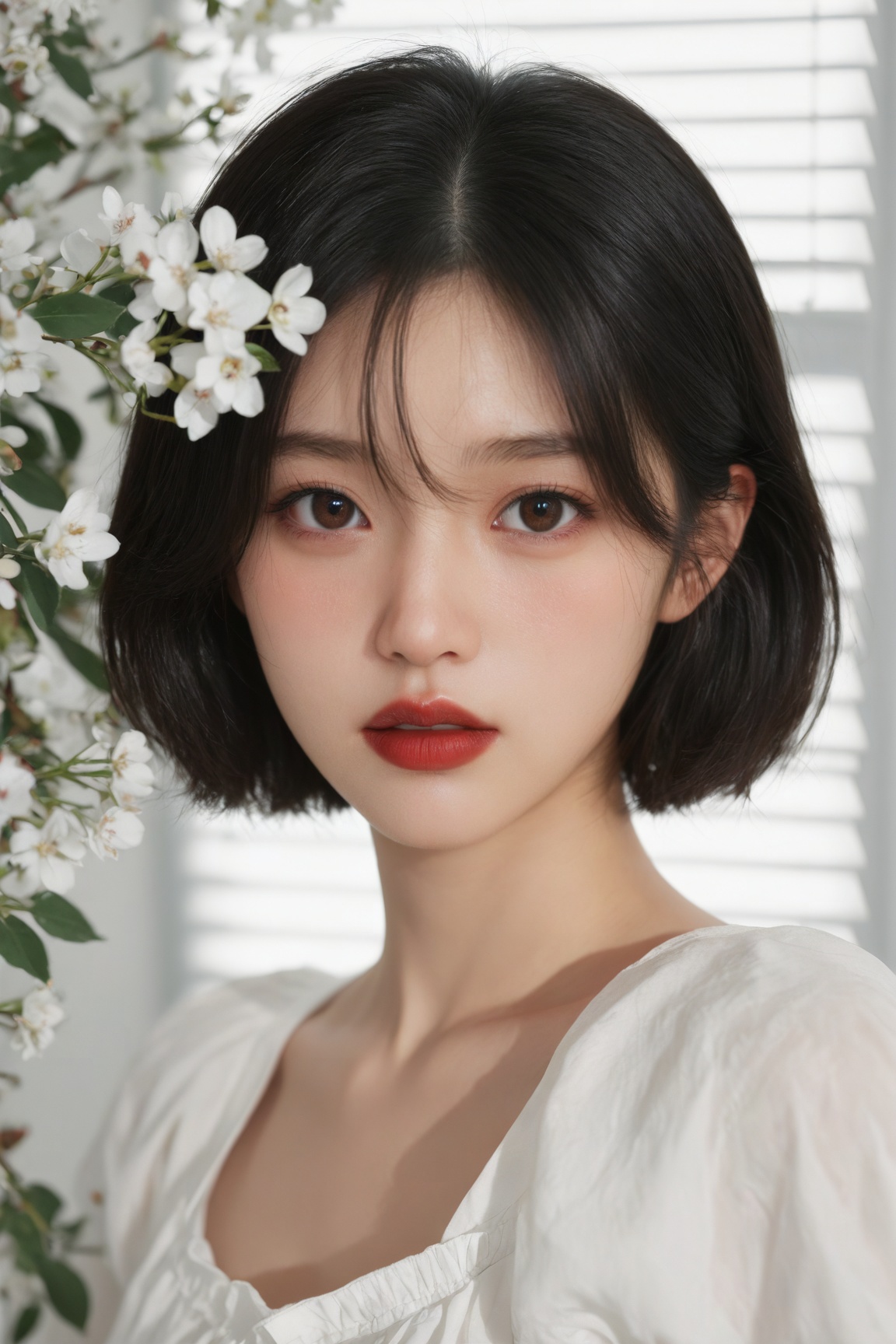 1girl,solo

looking at viewer

short hair

shirt

black hair

brown eyes

white shirt

upper body

flower

parted lips

lips

expressionless

white flower

portrait

nose

realistic

red lips

window blinds

asian,photorealistic