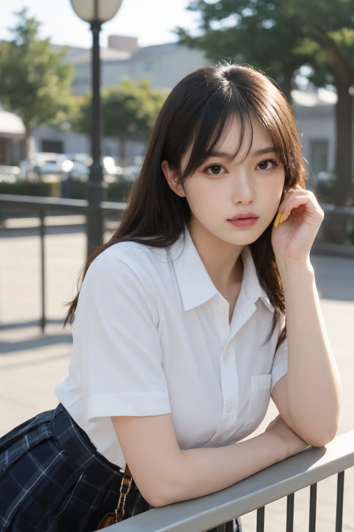 masterpiece, best quality, absurdres, highres, amazing quality, newest,

1girl,solo,breasts,looking at viewer,shirt,brown hair,black hair,closed mouth,brown eyes,
school uniform,

white shirt,

upper body,

short sleeves,

collared shirt,

nail polish

bag

blurry

black eyes

lips

blurry background

nose

railing

realistic

yellow nails

leaning on object

against railing

asian,photorealistic