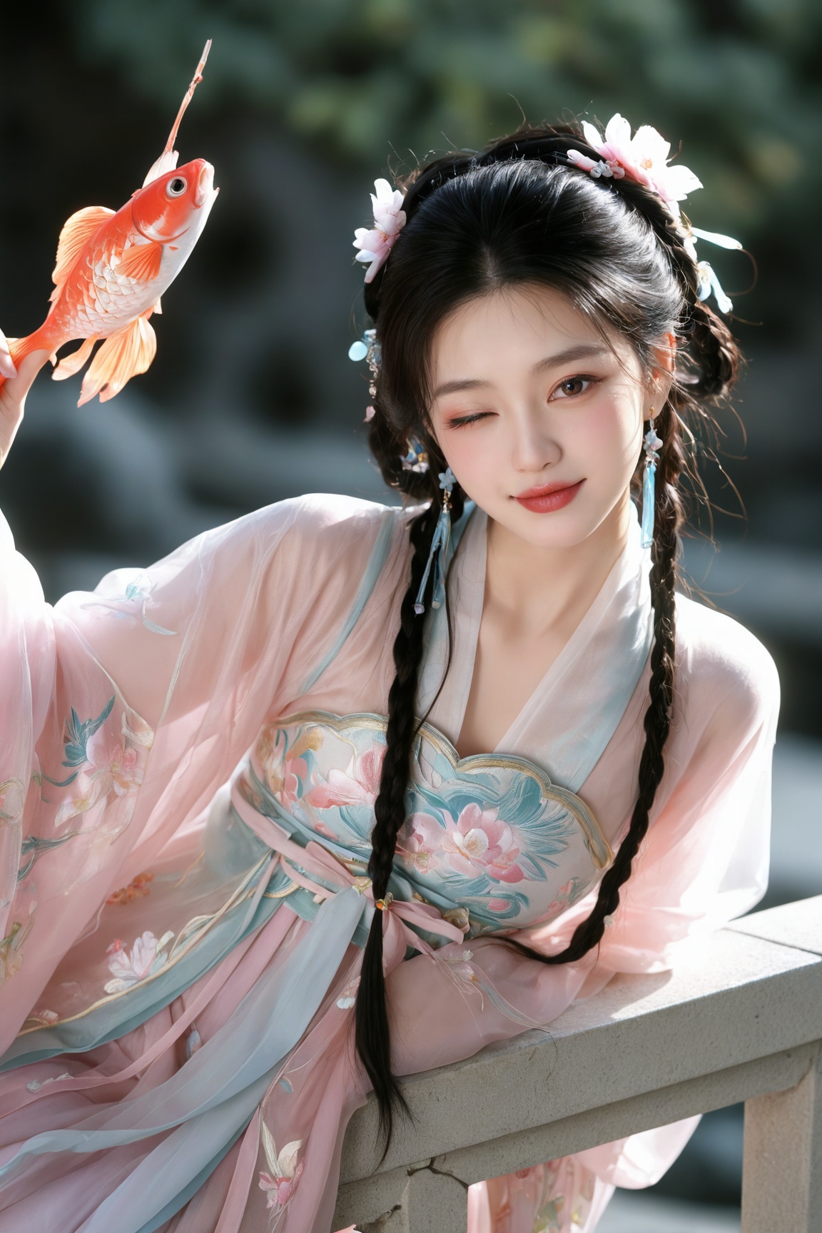 masterpiece, best quality, absurdres, highres, amazing quality, newest,

1girl,solo,looking at viewer,
black hair

long sleeves

hair ornament

dress

holding

closed mouth

jewelry

braid

flower

earrings

one eye closed

hair flower

blurry

twin braids

see-through

blurry background

chinese clothes

fish

hair rings

railing

realistic

hanfu
asian,photorealistic
