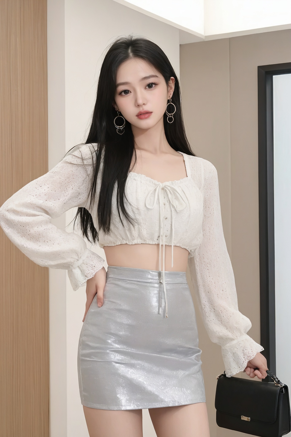 masterpiece, best quality, absurdres, highres, amazing quality, newest,

1girl,solo,looking at viewer,
long hair

looking at viewer

skirt

black hair

long sleeves

dress

holding

jewelry

standing

cowboy shot

earrings

indoors

bag

black eyes

lips

hand on own hip

hoop earrings

handbag

realistic

holding bag

asian

k-pop,photorealistic