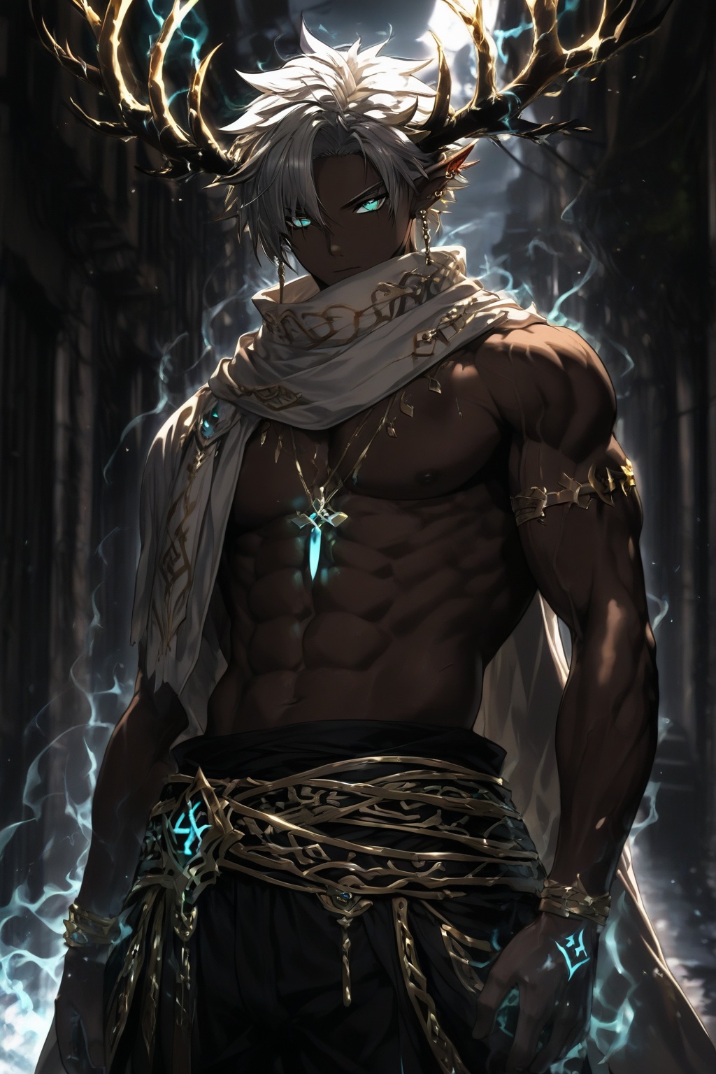 A muscular dark-skinned anime male with pointed ears and spiky white hair stands in a dim,  stone-paved alley. Large branc...
