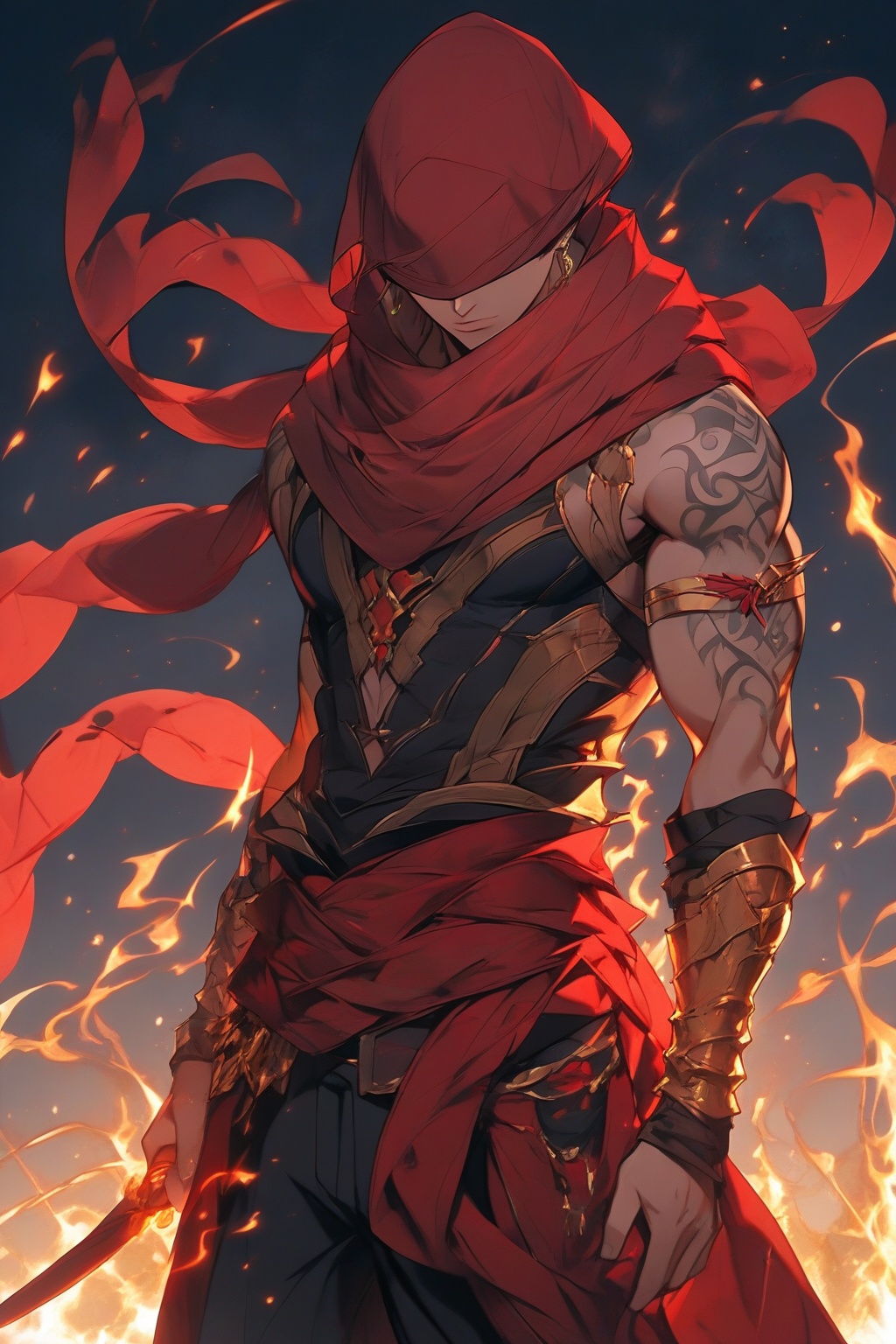 This anime-style illustration depicts a powerful warrior from a back-three-quarter view,  standing amidst a swirl of glowi...