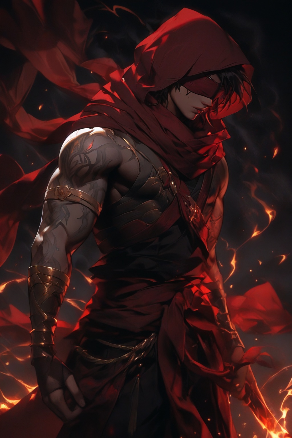 This anime-style illustration depicts a powerful warrior from a back-three-quarter view,  standing amidst a swirl of glowi...