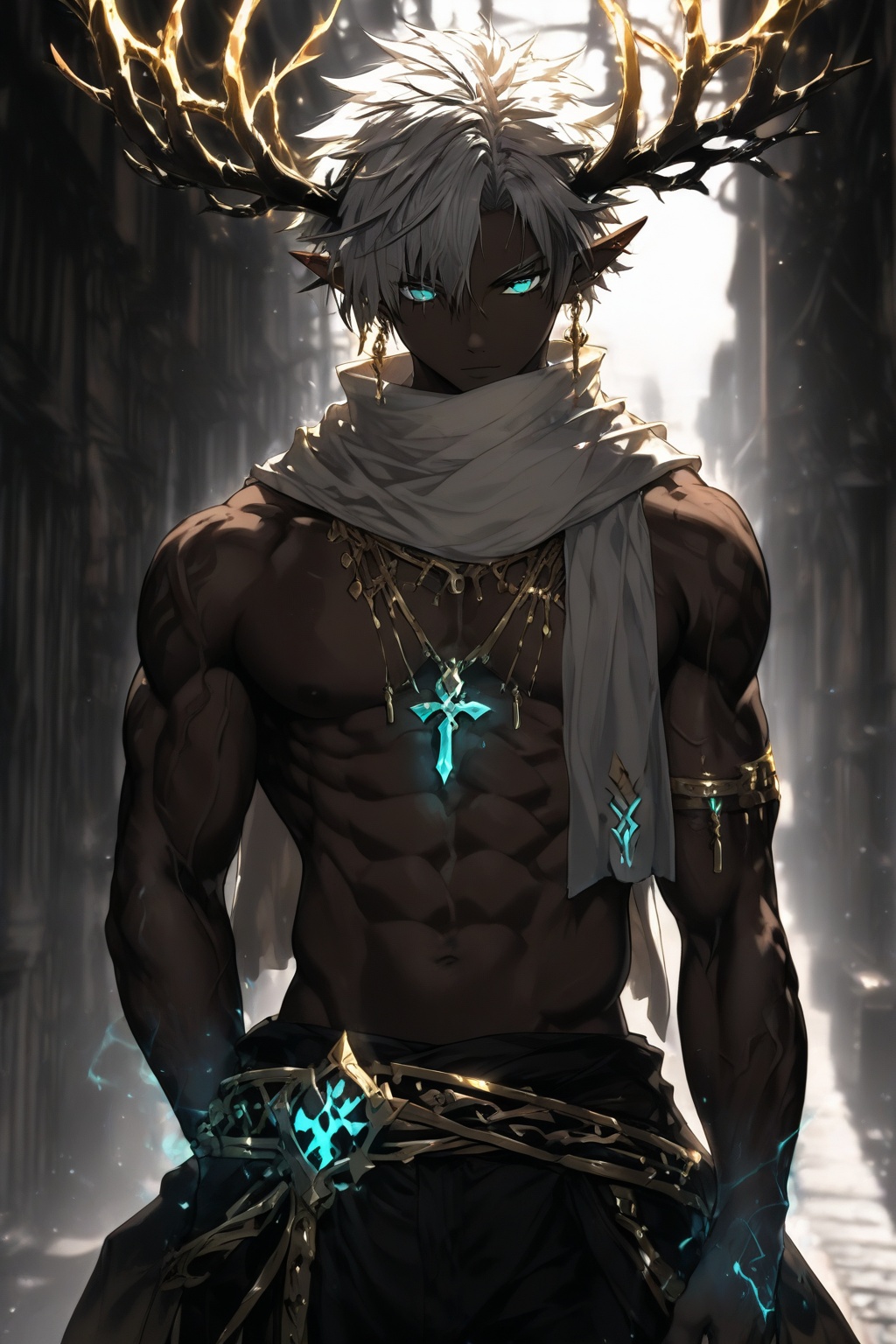 A muscular dark-skinned anime male with pointed ears and spiky white hair stands in a dim,  stone-paved alley. Large branc...
