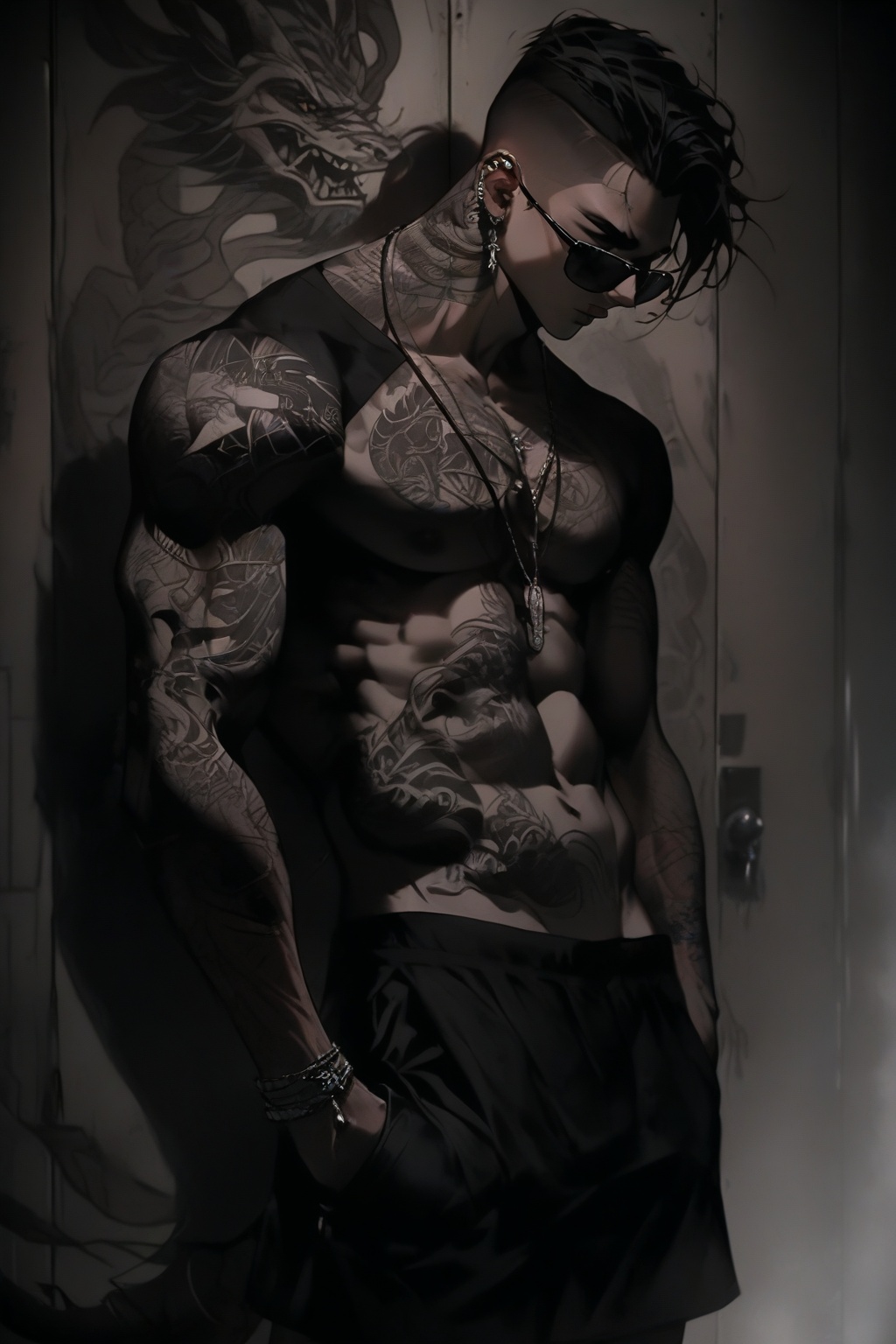 This anime illustration features a heavily muscled young man with a sharp undercut hairstyle and an intense,  stoic expres...