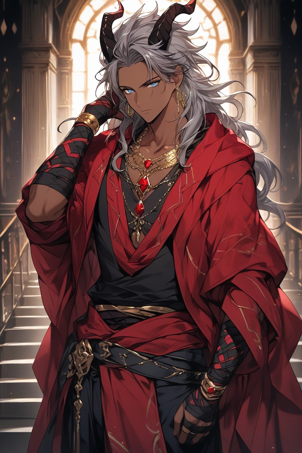 This anime illustration features a dark-skinned demonic male with sharp proportions and an intense,  brooding expression....
