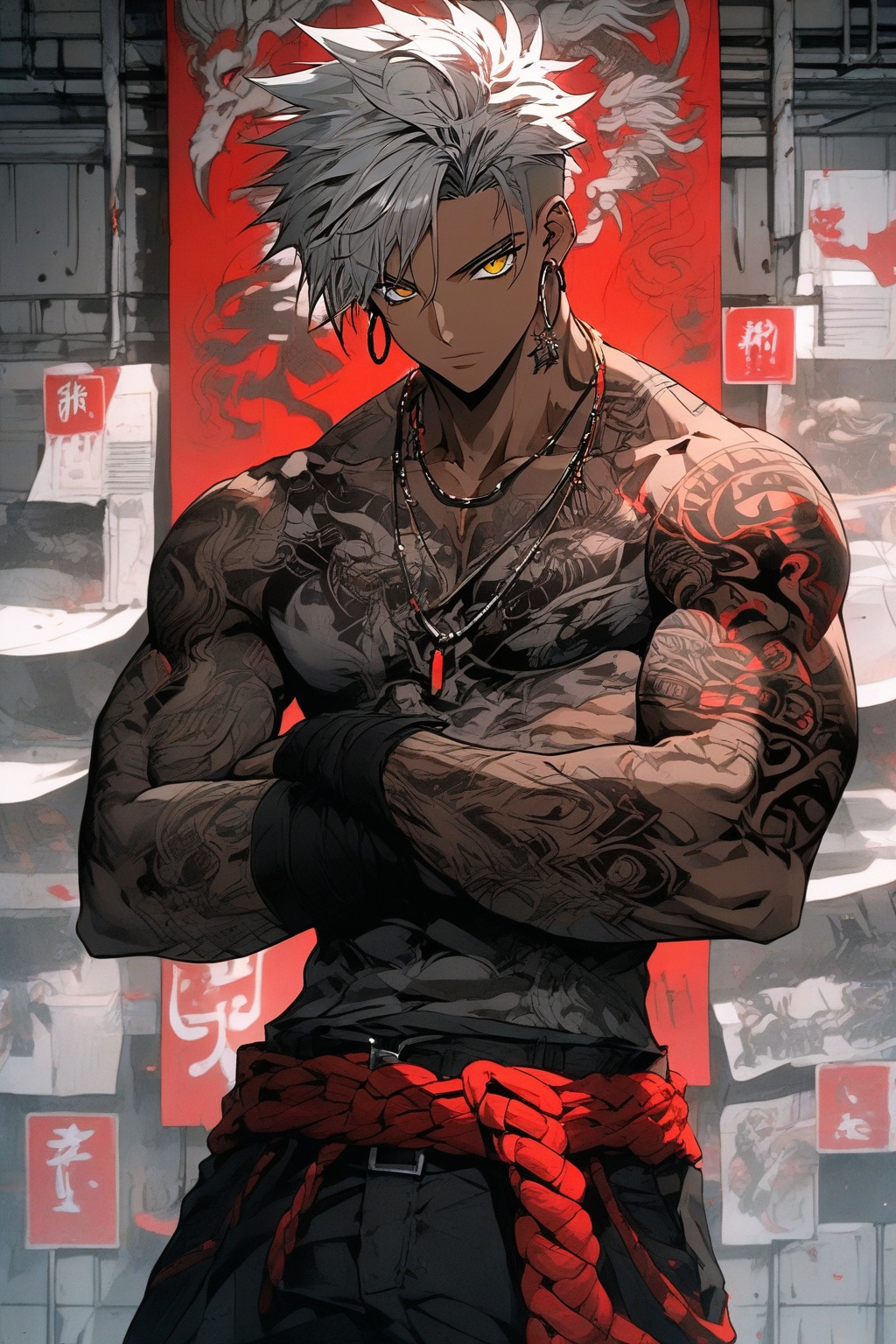 This anime-style illustration features a muscular,  dark-skinned man with short,  spiky silver hair and glowing amber eyes...