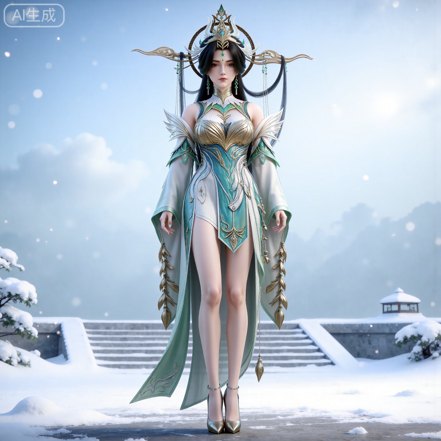 
masterpiece,high quality,tall,game cg,highres,(soft light:1.2),(white_skin:0.6),(shiny_skin:0.6),(realistic:1.1),
black hair, long hair, brown eyes, forehead_jewel, hair_ornament, liushen white and green dress, liushen chinese clothes, earrings, bare shoulders, detached_sleeves, long_sleeves, wide_sleeves, high_heels, 1girl, solo, snow, stairs, jewelry, snowing, full body, bare legs, breasts, outdoors, closed mouth