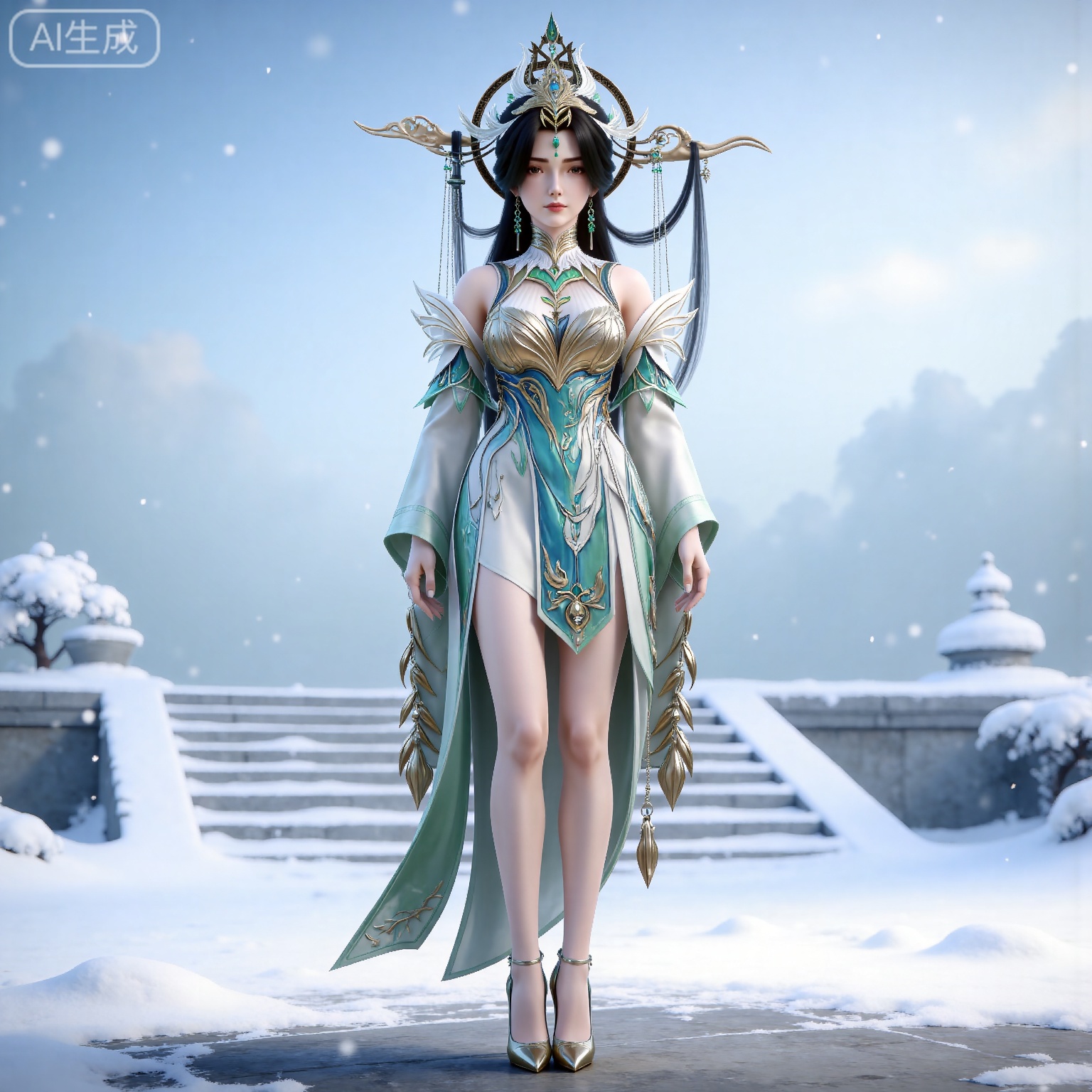 
masterpiece,high quality,tall,game cg,highres,(soft light:1.2),(white_skin:0.6),(shiny_skin:0.6),(realistic:1.1),
black hair, long hair, brown eyes, forehead_jewel, hair_ornament, liushen white and green dress, liushen chinese clothes, earrings, bare shoulders, detached_sleeves, long_sleeves, wide_sleeves, high_heels, 1girl, solo, snow, stairs, jewelry, snowing, full body, bare legs, breasts, outdoors, closed mouth,from above,