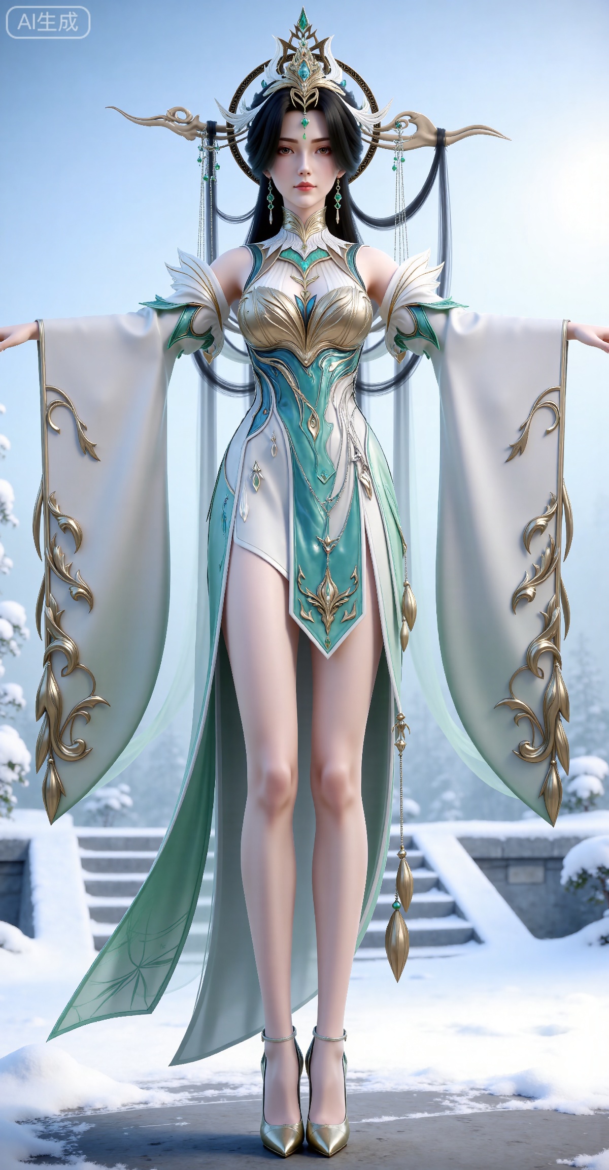 
masterpiece,high quality,tall,game cg,highres,(soft light:1.2),(white_skin:0.6),(shiny_skin:0.6),(realistic:1.1),
black hair, long hair, brown eyes, forehead_jewel, hair_ornament, liushen white and green dress, liushen chinese clothes, earrings, bare shoulders, detached_sleeves, long_sleeves, wide_sleeves, high_heels, 1girl, solo, jewelry, full body, outstretched arms, snow, bare legs, stairs, outdoors, looking at viewer, standing, breasts