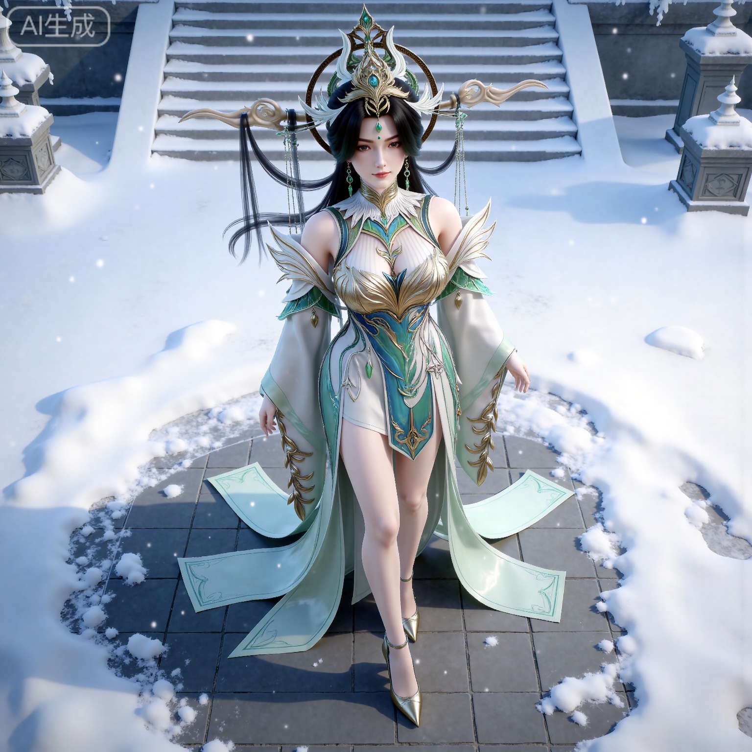 
masterpiece,high quality,tall,game cg,highres,(soft light:1.2),(white_skin:0.6),(shiny_skin:0.6),(realistic:1.1),
black hair, long hair, brown eyes, forehead_jewel, hair_ornament, liushen white and green dress, liushen chinese clothes, earrings, bare shoulders, detached_sleeves, long_sleeves, wide_sleeves, high_heels, 1girl, solo, snow, stairs, jewelry, snowing, full body, bare legs, breasts, outdoors, closed mouth,from above,