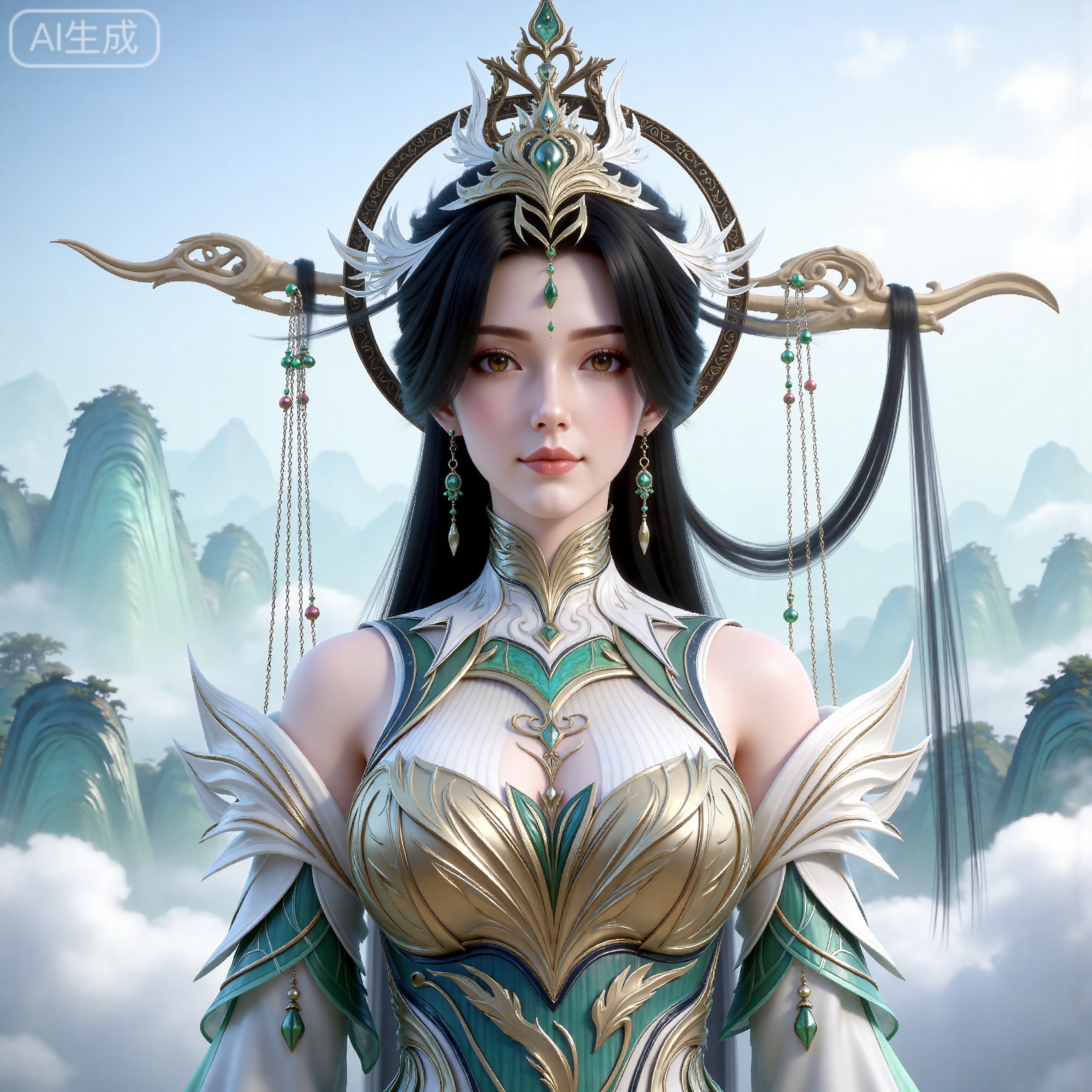 
masterpiece,high quality,tall,game cg,highres,(soft light:1.2),(white_skin:0.6),(shiny_skin:0.6),(realistic:1.1),
black hair, long hair, brown eyes, forehead_jewel, hair_ornament, liushen white and green dress, liushen chinese clothes, earrings, bare shoulders, detached_sleeves, long_sleeves, wide_sleeves, 1girl, mountain, jewelry, solo, upper body, looking at viewer, sky, cloud