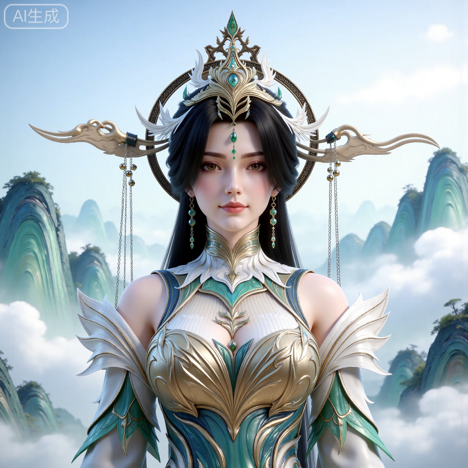 
masterpiece,high quality,tall,game cg,highres,(soft light:1.2),(white_skin:0.6),(shiny_skin:0.6),(realistic:1.1),
black hair, long hair, brown eyes, forehead_jewel, hair_ornament, liushen white and green dress, liushen chinese clothes, earrings, bare shoulders, detached_sleeves, long_sleeves, wide_sleeves, 1girl, mountain, jewelry, solo, upper body, looking at viewer, sky, cloud