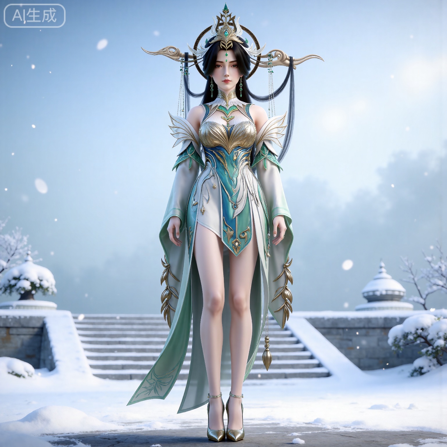 
masterpiece,high quality,tall,game cg,highres,(soft light:1.2),(white_skin:0.6),(shiny_skin:0.6),(realistic:1.1),
black hair, long hair, brown eyes, forehead_jewel, hair_ornament, liushen white and green dress, liushen chinese clothes, earrings, bare shoulders, detached_sleeves, long_sleeves, wide_sleeves, high_heels, 1girl, solo, snow, stairs, jewelry, snowing, full body, bare legs, breasts, outdoors, closed mouth,from above,