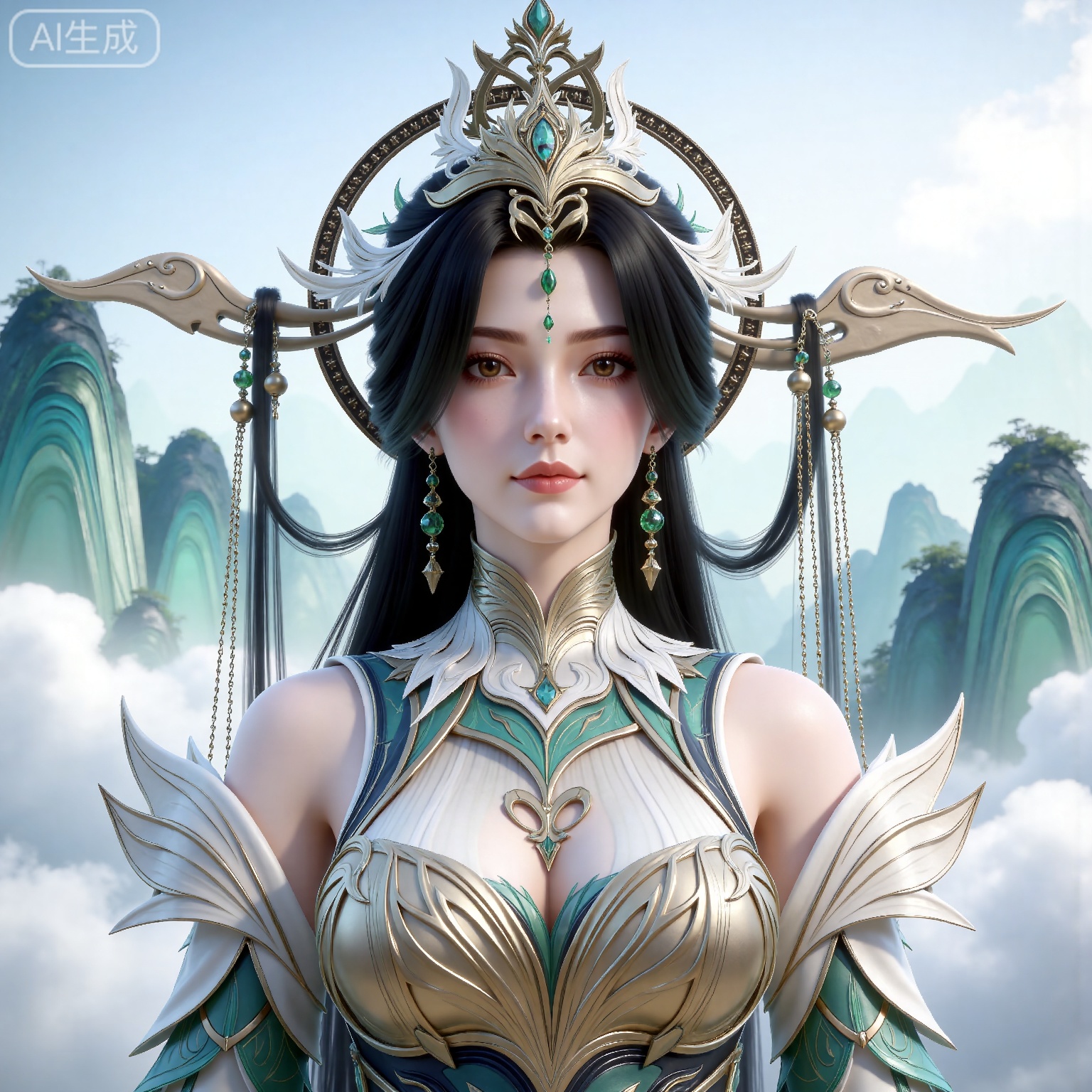 
masterpiece,high quality,tall,game cg,highres,(soft light:1.2),(white_skin:0.6),(shiny_skin:0.6),(realistic:1.1),
black hair, long hair, brown eyes, forehead_jewel, hair_ornament, liushen white and green dress, liushen chinese clothes, earrings, bare shoulders, detached_sleeves, long_sleeves, wide_sleeves, 1girl, mountain, jewelry, solo, upper body, looking at viewer, sky, cloud