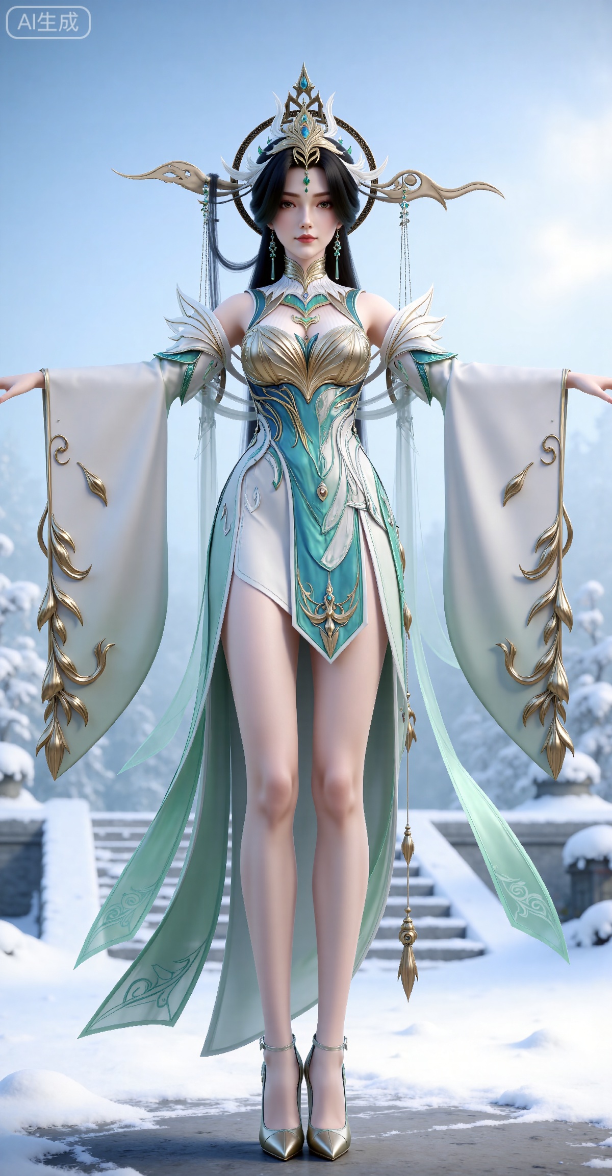 
masterpiece,high quality,tall,game cg,highres,(soft light:1.2),(white_skin:0.6),(shiny_skin:0.6),(realistic:1.1),
black hair, long hair, brown eyes, forehead_jewel, hair_ornament, liushen white and green dress, liushen chinese clothes, earrings, bare shoulders, detached_sleeves, long_sleeves, wide_sleeves, high_heels, 1girl, solo, jewelry, full body, outstretched arms, snow, bare legs, stairs, outdoors, looking at viewer, standing, breasts