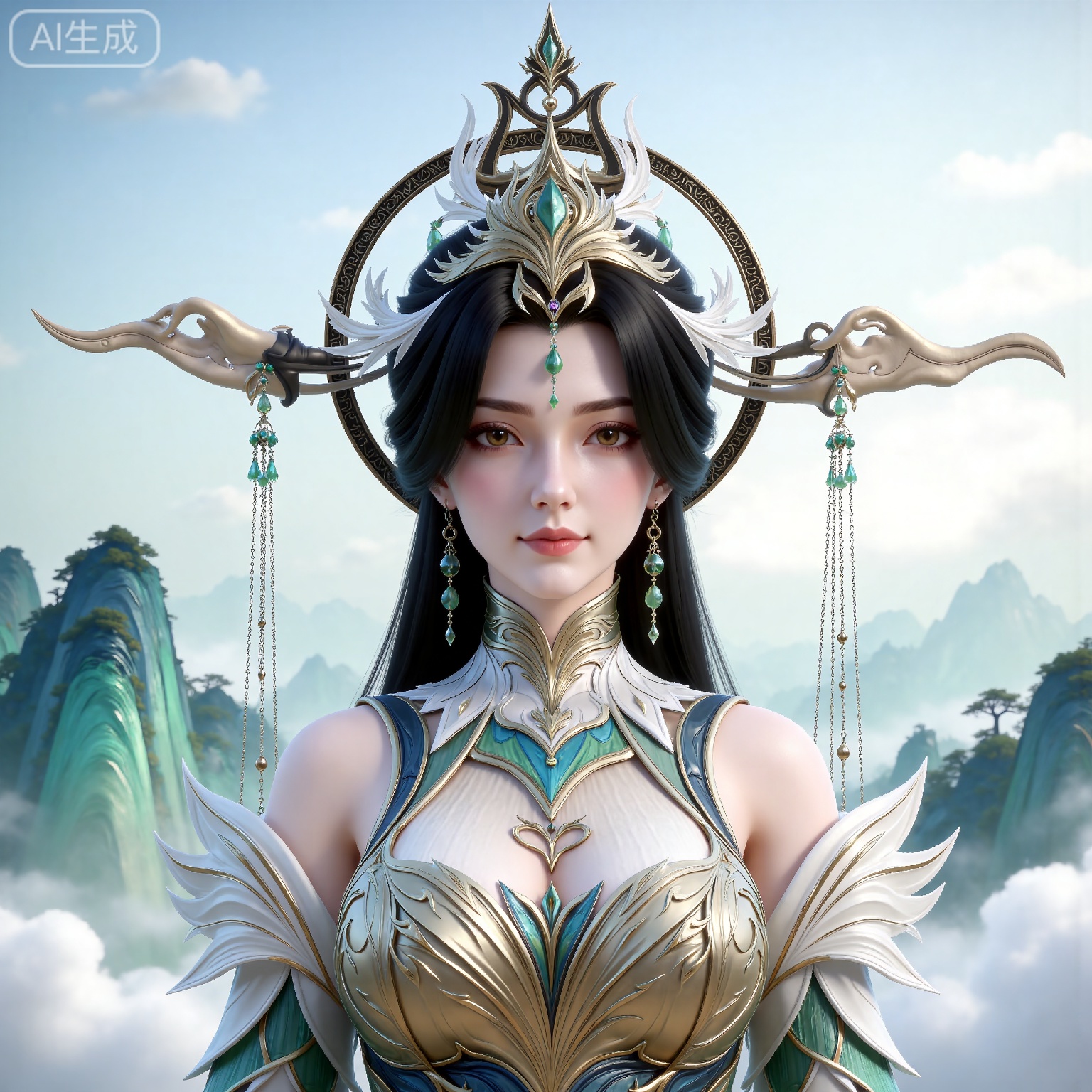 
masterpiece,high quality,tall,game cg,highres,(soft light:1.2),(white_skin:0.6),(shiny_skin:0.6),(realistic:1.1),
black hair, long hair, brown eyes, forehead_jewel, hair_ornament, liushen white and green dress, liushen chinese clothes, earrings, bare shoulders, detached_sleeves, long_sleeves, wide_sleeves, 1girl, mountain, jewelry, solo, upper body, looking at viewer, sky, cloud