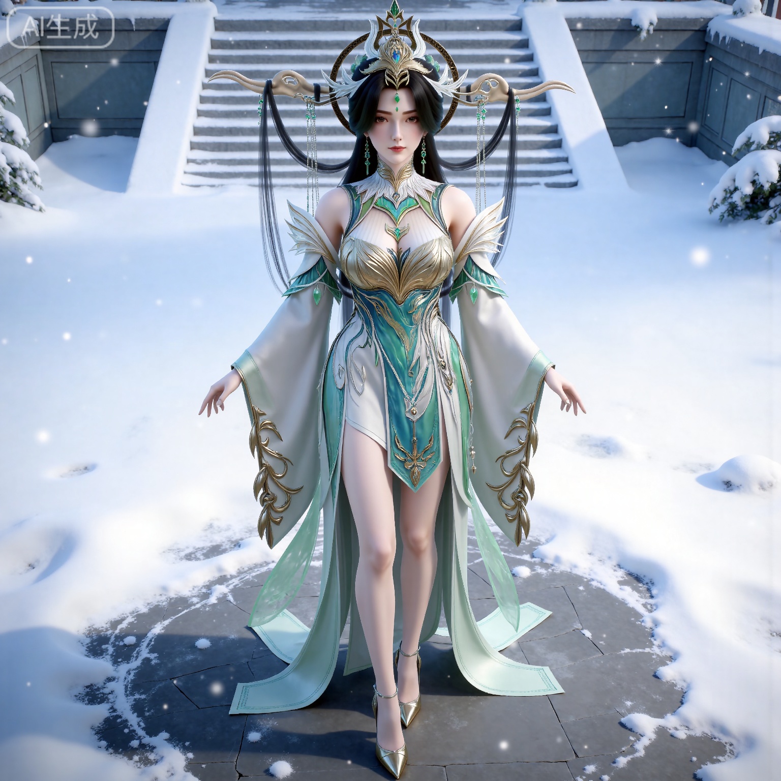 
masterpiece,high quality,tall,game cg,highres,(soft light:1.2),(white_skin:0.6),(shiny_skin:0.6),(realistic:1.1),
black hair, long hair, brown eyes, forehead_jewel, hair_ornament, liushen white and green dress, liushen chinese clothes, earrings, bare shoulders, detached_sleeves, long_sleeves, wide_sleeves, high_heels, 1girl, solo, snow, stairs, jewelry, snowing, full body, bare legs, breasts, outdoors, closed mouth,from above,