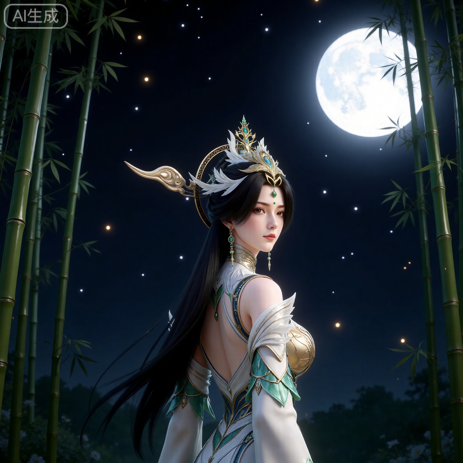 
masterpiece,high quality,tall,game cg,highres,(soft light:1.2),(white_skin:0.6),(shiny_skin:0.6),(realistic:1.1),
black hair, long hair, brown eyes, forehead_jewel, hair_ornament, liushen white and green dress, liushen chinese clothes, earrings, bare shoulders, detached_sleeves, long_sleeves, wide_sleeves, 1girl, bamboo, night, moon, solo, jewelry, upper body, bamboo forest, sky, night sky, fireflies, full moon, looking back, closed mouth, looking at viewer, forest