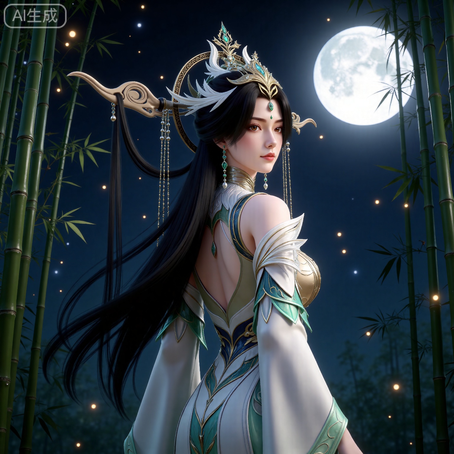 
masterpiece,high quality,tall,game cg,highres,(soft light:1.2),(white_skin:0.6),(shiny_skin:0.6),(realistic:1.1),
black hair, long hair, brown eyes, forehead_jewel, hair_ornament, liushen white and green dress, liushen chinese clothes, earrings, bare shoulders, detached_sleeves, long_sleeves, wide_sleeves, 1girl, bamboo, night, moon, solo, jewelry, upper body, bamboo forest, sky, night sky, fireflies, full moon, looking back, closed mouth, looking at viewer, forest