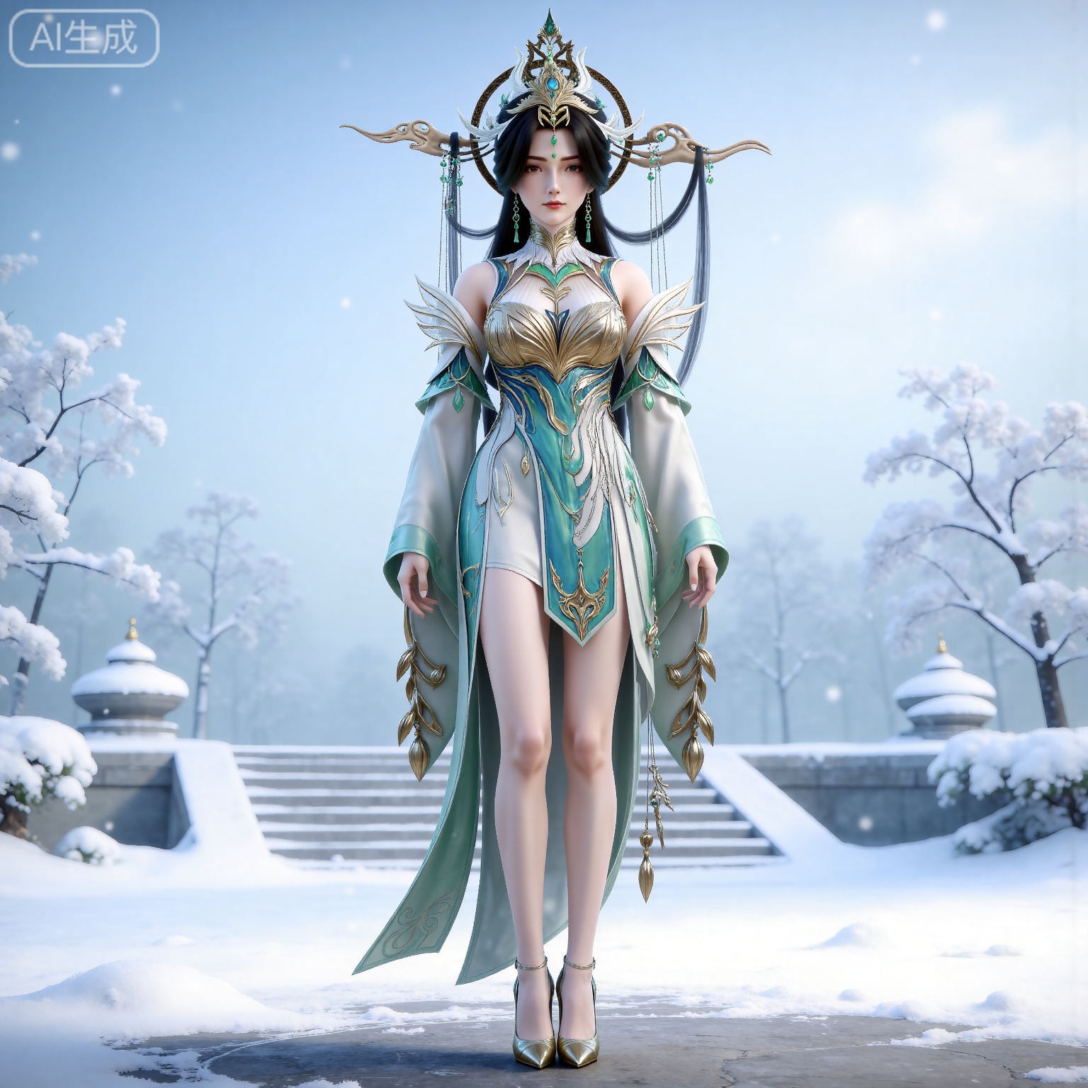 
masterpiece,high quality,tall,game cg,highres,(soft light:1.2),(white_skin:0.6),(shiny_skin:0.6),(realistic:1.1),
black hair, long hair, brown eyes, forehead_jewel, hair_ornament, liushen white and green dress, liushen chinese clothes, earrings, bare shoulders, detached_sleeves, long_sleeves, wide_sleeves, high_heels, 1girl, solo, snow, stairs, jewelry, snowing, full body, bare legs, breasts, outdoors, closed mouth