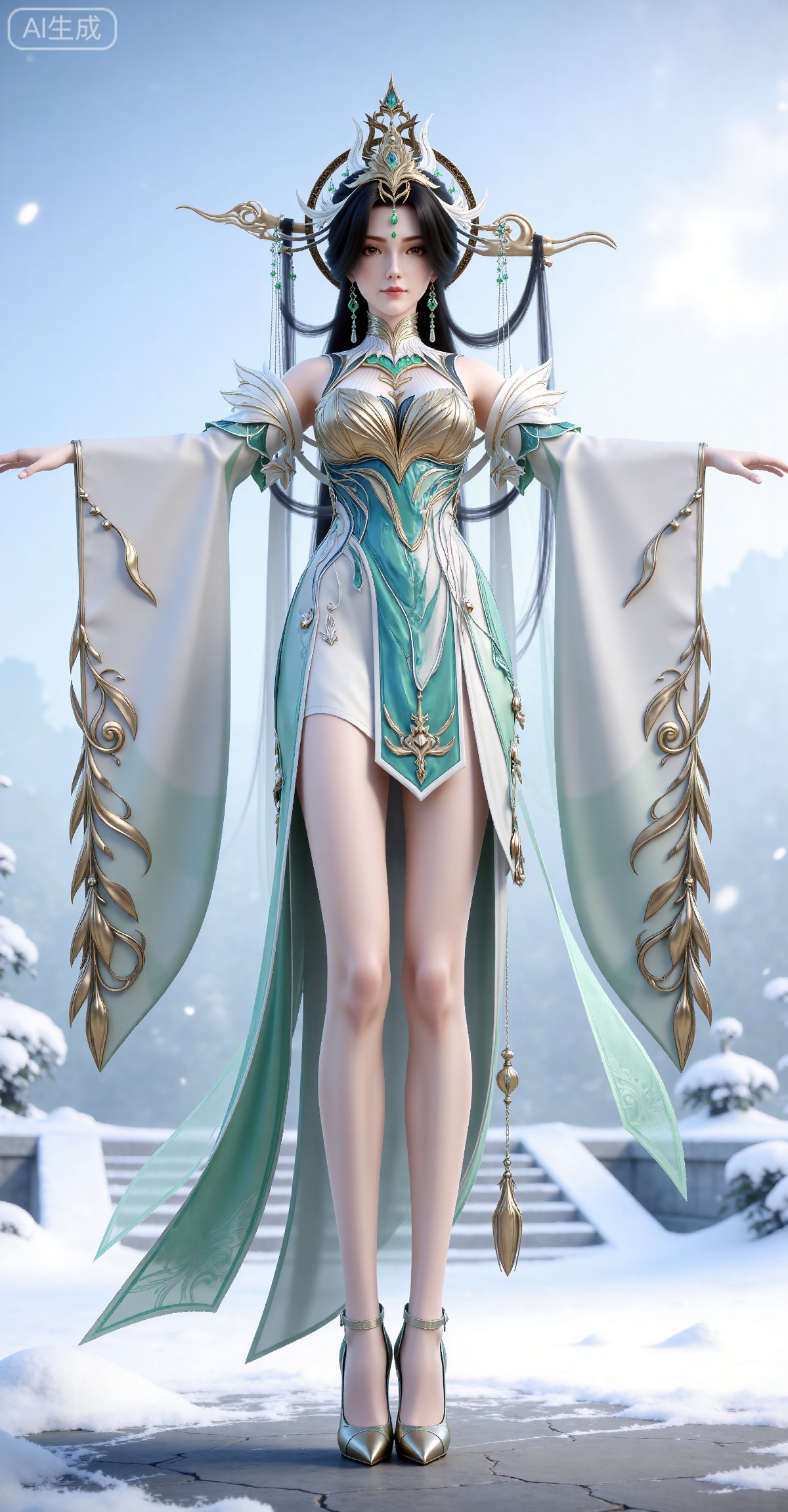 
masterpiece,high quality,tall,game cg,highres,(soft light:1.2),(white_skin:0.6),(shiny_skin:0.6),(realistic:1.1),
black hair, long hair, brown eyes, forehead_jewel, hair_ornament, liushen white and green dress, liushen chinese clothes, earrings, bare shoulders, detached_sleeves, long_sleeves, wide_sleeves, high_heels, 1girl, solo, jewelry, full body, outstretched arms, snow, bare legs, stairs, outdoors, looking at viewer, standing, breasts