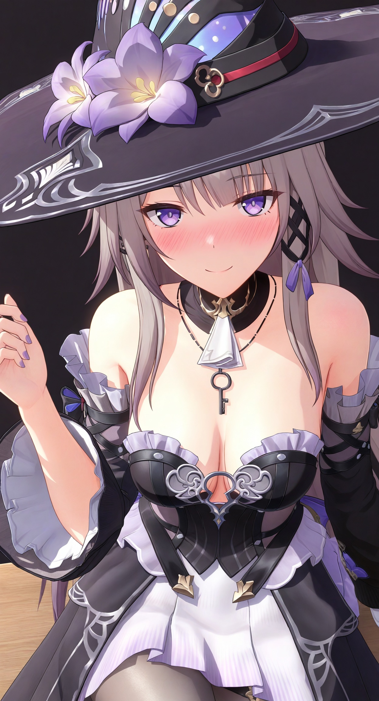 ((masterpiece)), ((best quality)), 8k, high detailed, ultra-detailed,  detailed_eyes,
himitsu_(himitsu_2),3d frontline girl style,
portrait,
1girl,solo,[the herta \(honkai: star rail\)：0.1], 1girl, hat, breasts, purple eyes, solo, flower, hat flower, long hair, looking at viewer, purple flower, necklace, dress, key, smile, jewelry, black headwear, detached sleeves, purple nails, bare shoulders, black dress, witch hat, hair ornament, blush, cleavage,pantyhose,grey pantyhose