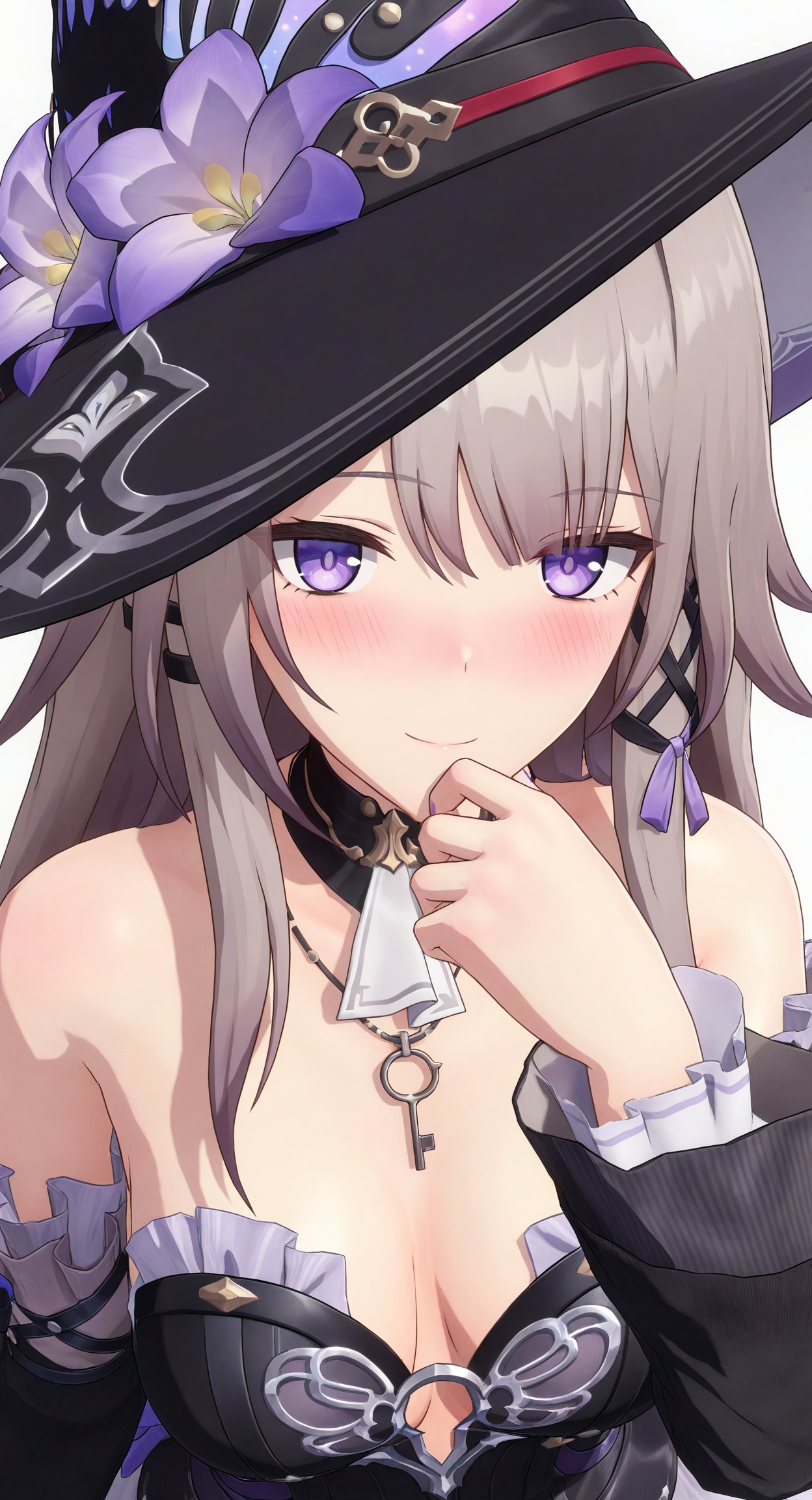 ((masterpiece)), ((best quality)), 8k, high detailed, ultra-detailed,  detailed_eyes,
himitsu_(himitsu_2),3d frontline girl style,
portrait,
1girl,solo,[the herta \(honkai: star rail\)：0.1], 1girl, hat, breasts, purple eyes, solo, flower, hat flower, long hair, looking at viewer, purple flower, necklace, dress, key, smile, jewelry, black headwear, detached sleeves, purple nails, bare shoulders, black dress, witch hat, hair ornament, blush, cleavage,pantyhose,grey pantyhose
