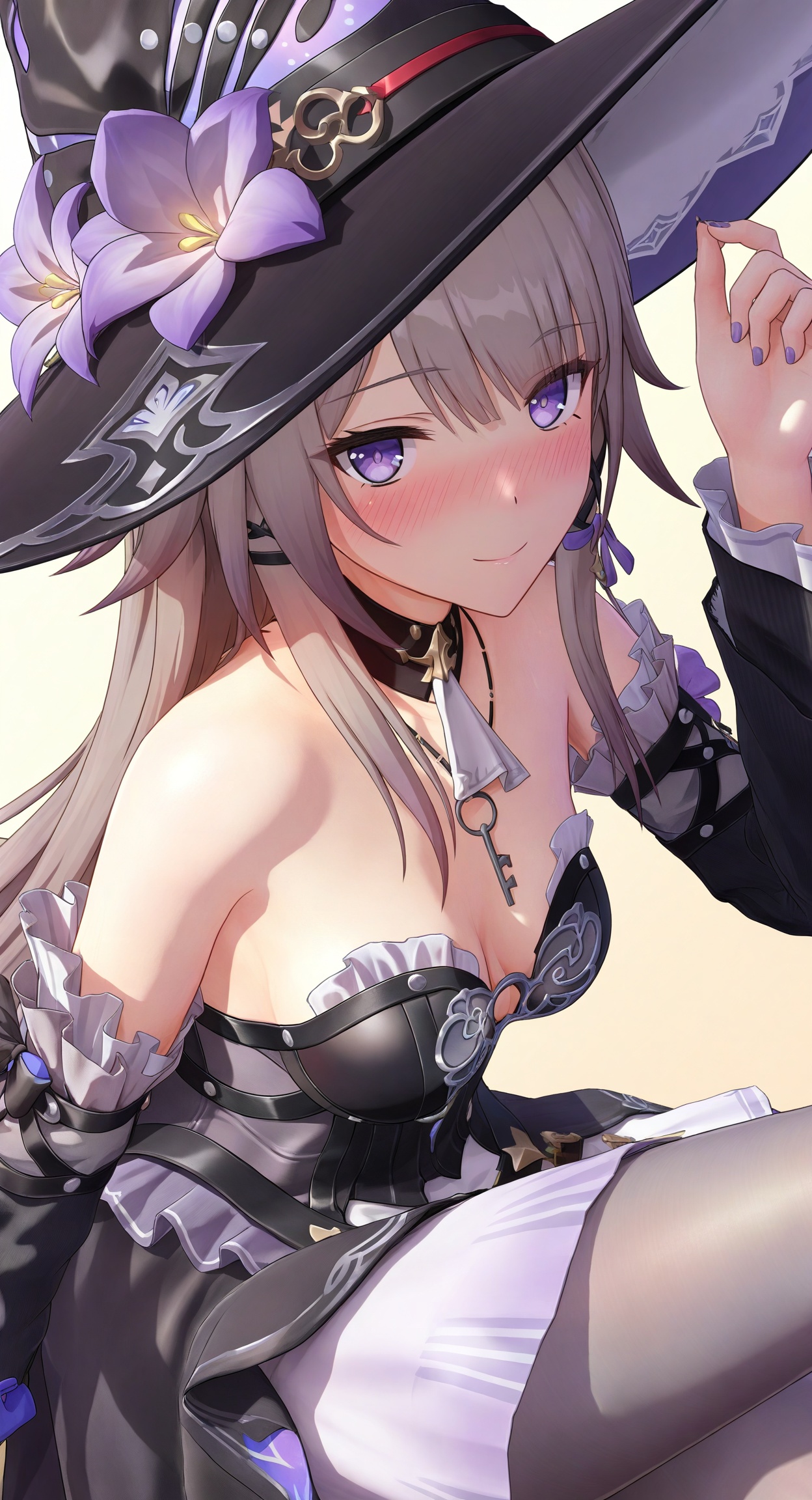 ((masterpiece)), ((best quality)), 8k, high detailed, ultra-detailed,  detailed_eyes,
himitsu_(himitsu_2),3d frontline girl style,
portrait,
1girl,solo,[the herta \(honkai: star rail\)：0.1], 1girl, hat, breasts, purple eyes, solo, flower, hat flower, long hair, looking at viewer, purple flower, necklace, dress, key, smile, jewelry, black headwear, detached sleeves, purple nails, bare shoulders, black dress, witch hat, hair ornament, blush, cleavage,pantyhose,grey pantyhose