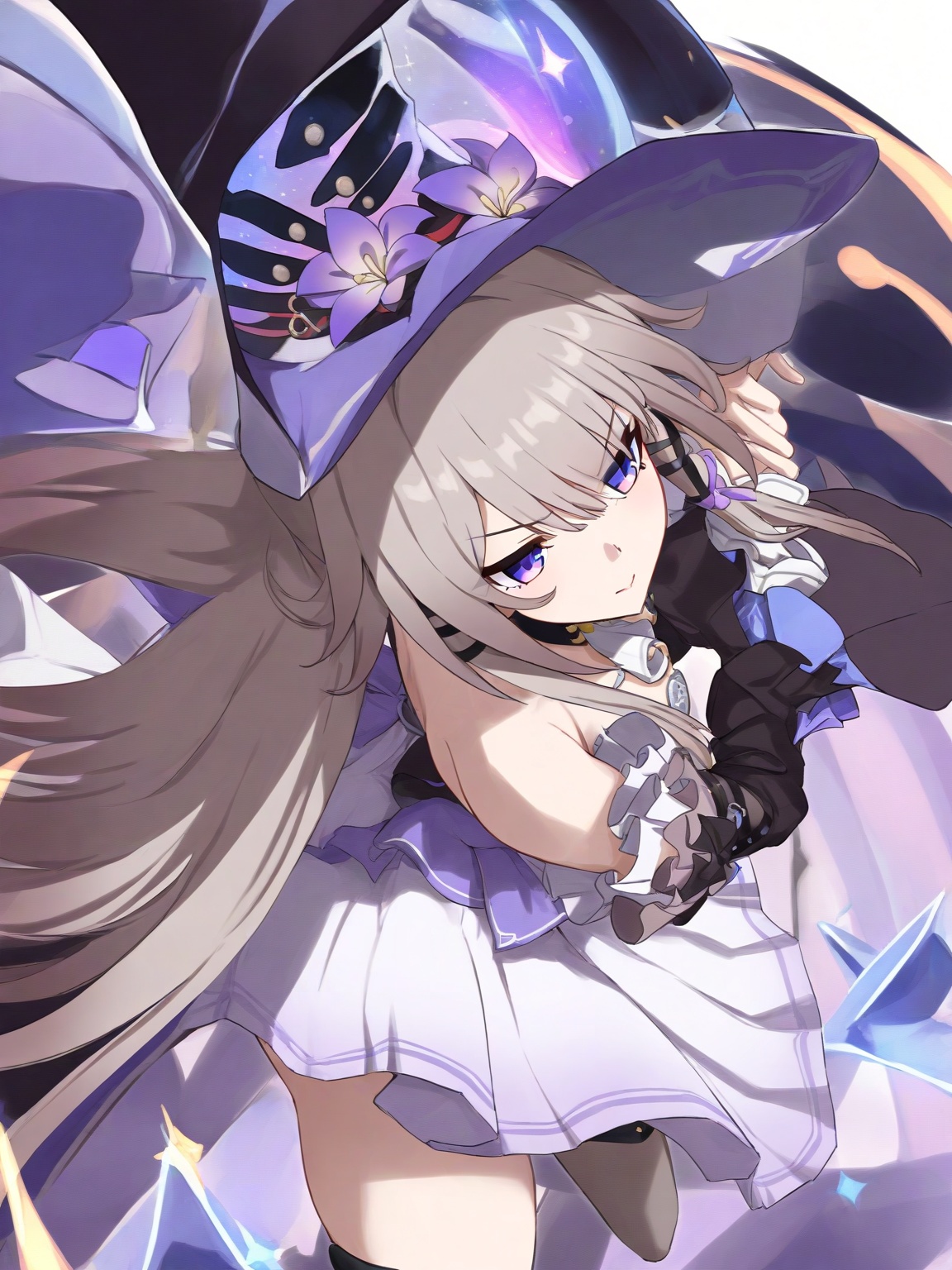 ((masterpiece)), ((best quality)), 8k, high detailed, ultra-detailed,  detailed_eyes,
[the herta \(honkai: star rail\):0.1],
1girl,solo,brown hair,dress,witch_hat,long hair,