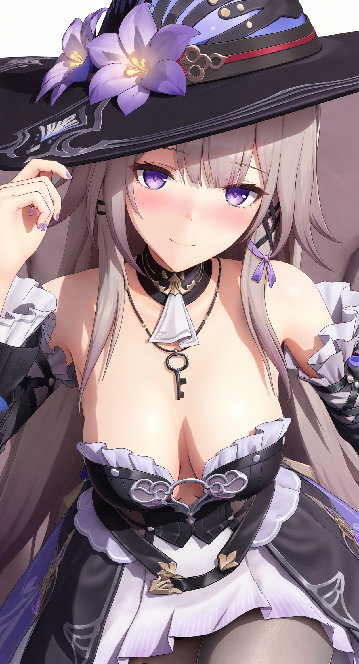 ((masterpiece)), ((best quality)), 8k, high detailed, ultra-detailed,  detailed_eyes,
himitsu_(himitsu_2),3d frontline girl style,
portrait,
1girl,solo,[the herta \(honkai: star rail\)：0.1], 1girl, hat, breasts, purple eyes, solo, flower, hat flower, long hair, looking at viewer, purple flower, necklace, dress, key, smile, jewelry, black headwear, detached sleeves, purple nails, bare shoulders, black dress, witch hat, hair ornament, blush, cleavage,pantyhose,grey pantyhose