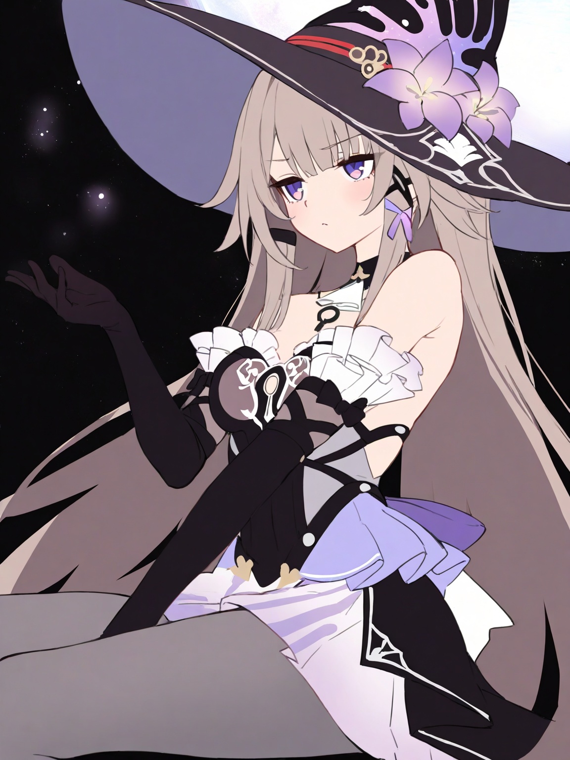 ((masterpiece)), ((best quality)), 8k, high detailed, ultra-detailed,  detailed_eyes,
[the herta \(honkai: star rail\):0.1],
1girl,solo,brown hair,dress,witch_hat,long hair,elbow_gloves,detached_sleeve,grey_pantyhose