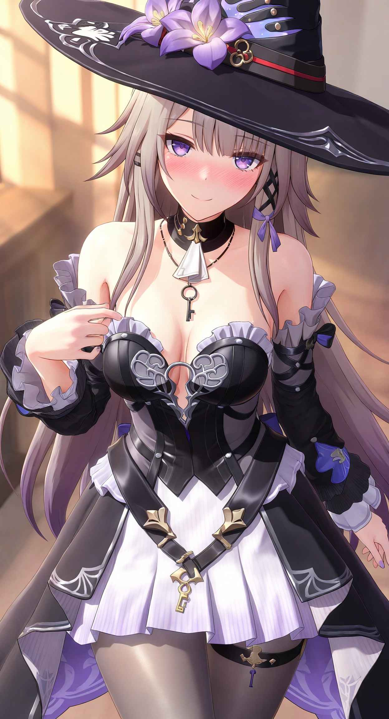 ((masterpiece)), ((best quality)), 8k, high detailed, ultra-detailed,  detailed_eyes,
himitsu_(himitsu_2),3d frontline girl style,
portrait,
1girl,solo,[the herta \(honkai: star rail\)：0.1], 1girl, hat, breasts, purple eyes, solo, flower, hat flower, long hair, looking at viewer, purple flower, necklace, dress, key, smile, jewelry, black headwear, detached sleeves, purple nails, bare shoulders, black dress, witch hat, hair ornament, blush, cleavage,pantyhose,grey pantyhose