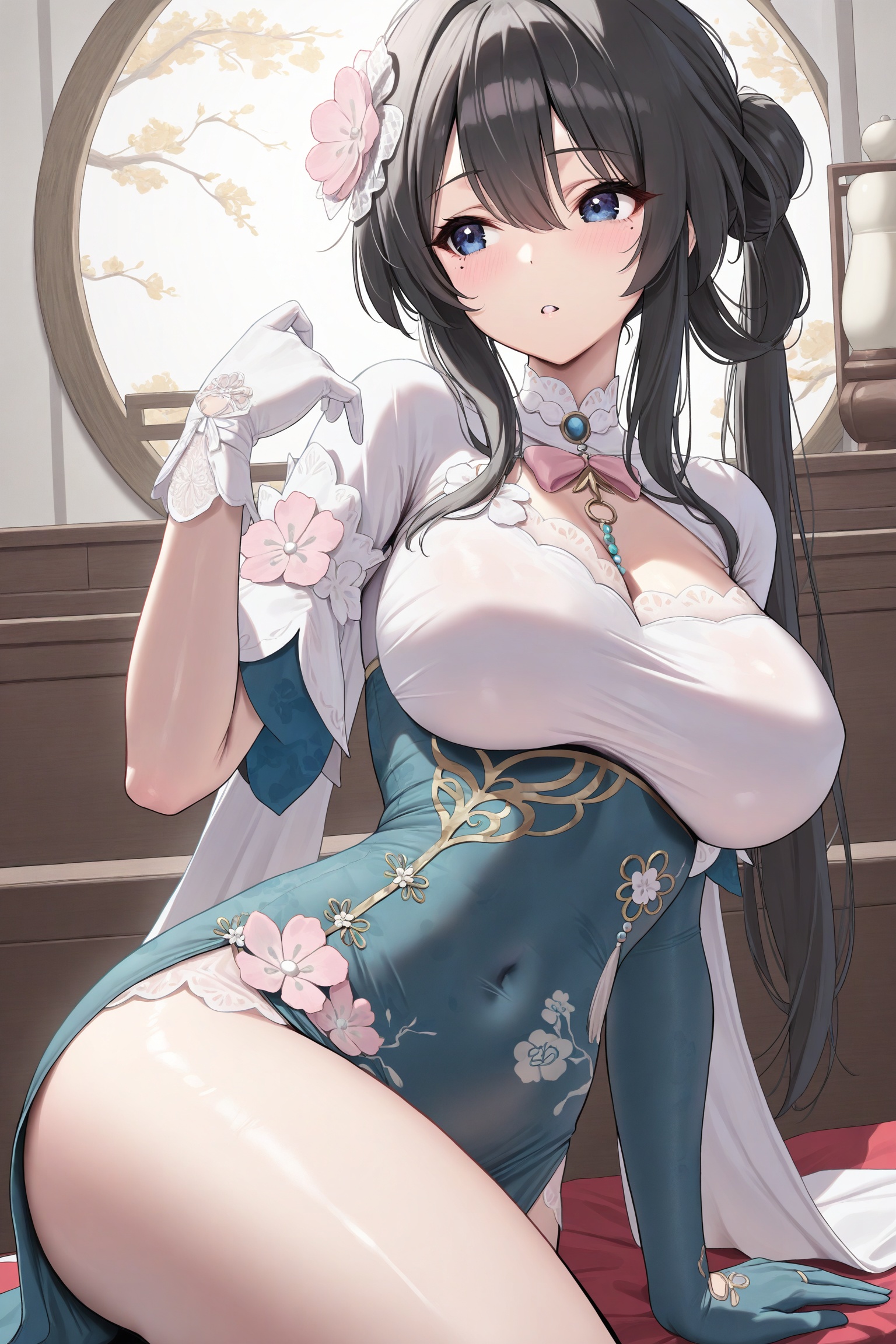 ((masterpiece)), ((best quality)), 8k, high detailed, ultra-detailed,  detailed_eyes,
himitsu_(himitsu_2),laoyb,
rmei plumblossomletter,
1girl,solo,black hair,dress,chinese_clothes,gloves,white glove,green glove,elbow_glove,