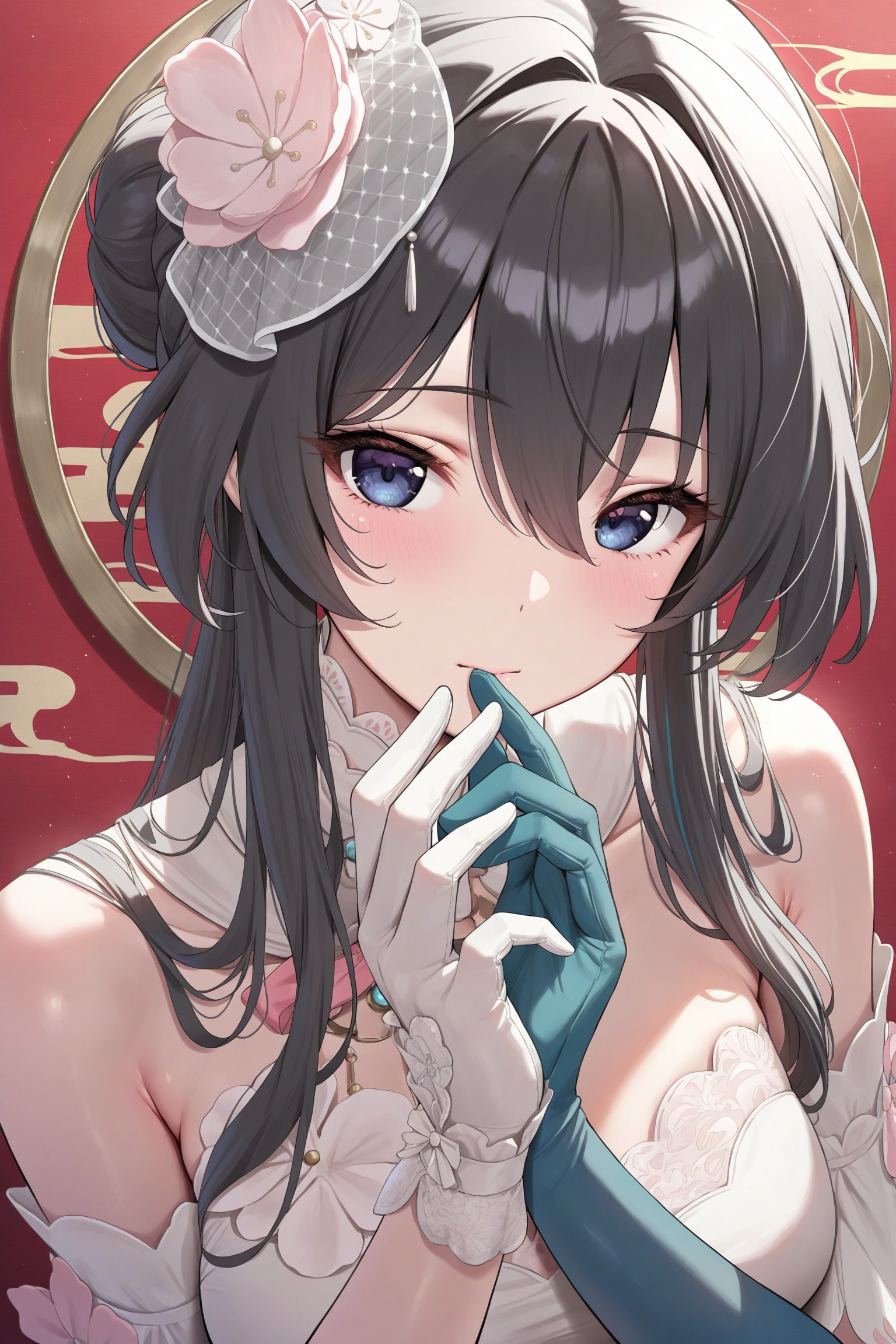 ((masterpiece)), ((best quality)), 8k, high detailed, ultra-detailed,  detailed_eyes,
himitsu_(himitsu_2),laoyb,
rmei plumblossomletter,portrait,
1girl,solo,black hair,dress,chinese_clothes,gloves,white glove,green glove,elbow_glove,