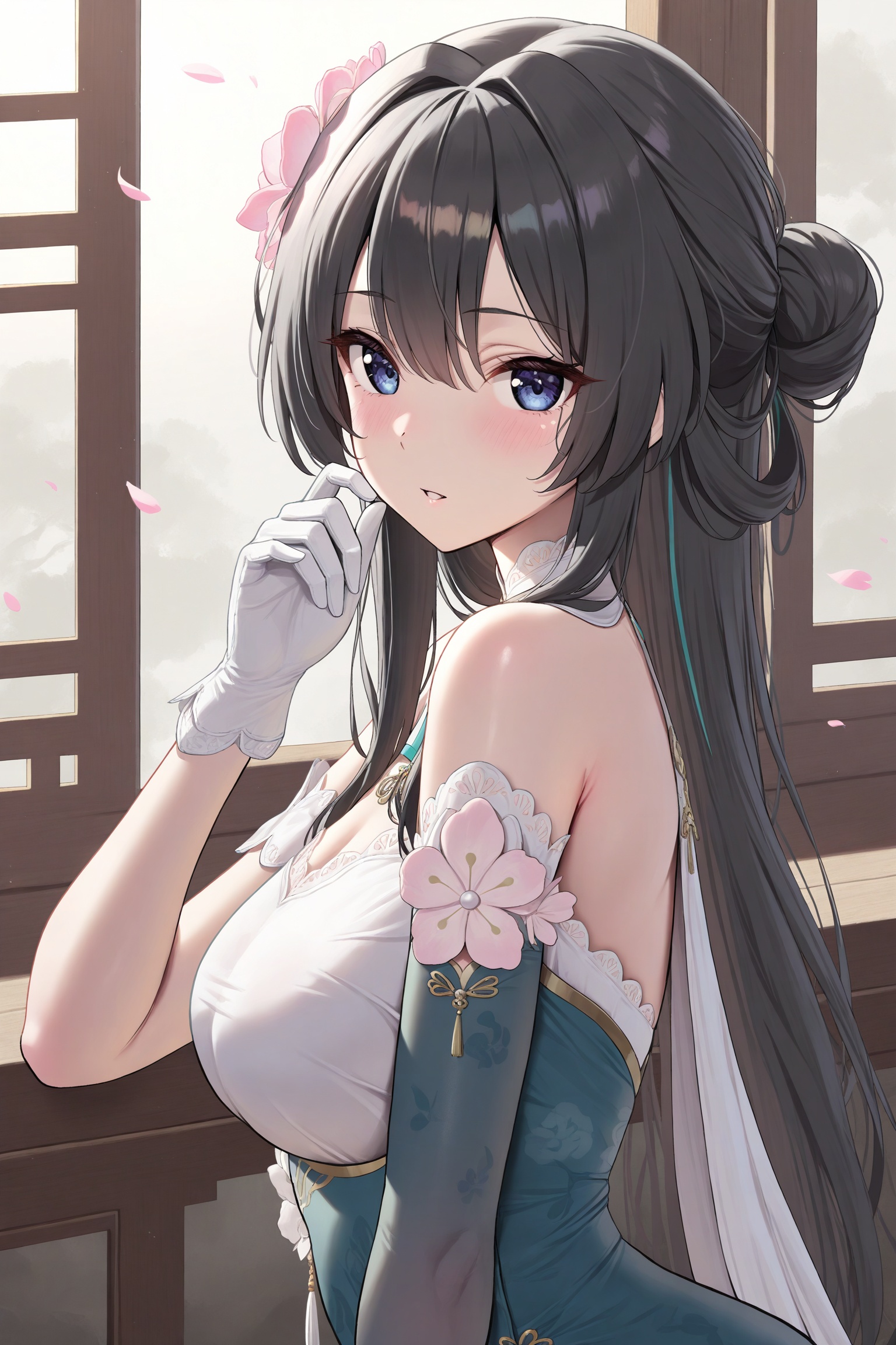 ((masterpiece)), ((best quality)), 8k, high detailed, ultra-detailed,  detailed_eyes,
himitsu_(himitsu_2),laoyb,
rmei plumblossomletter,portrait,
1girl,solo,black hair,dress,chinese_clothes,gloves,white glove,green glove,elbow_glove,