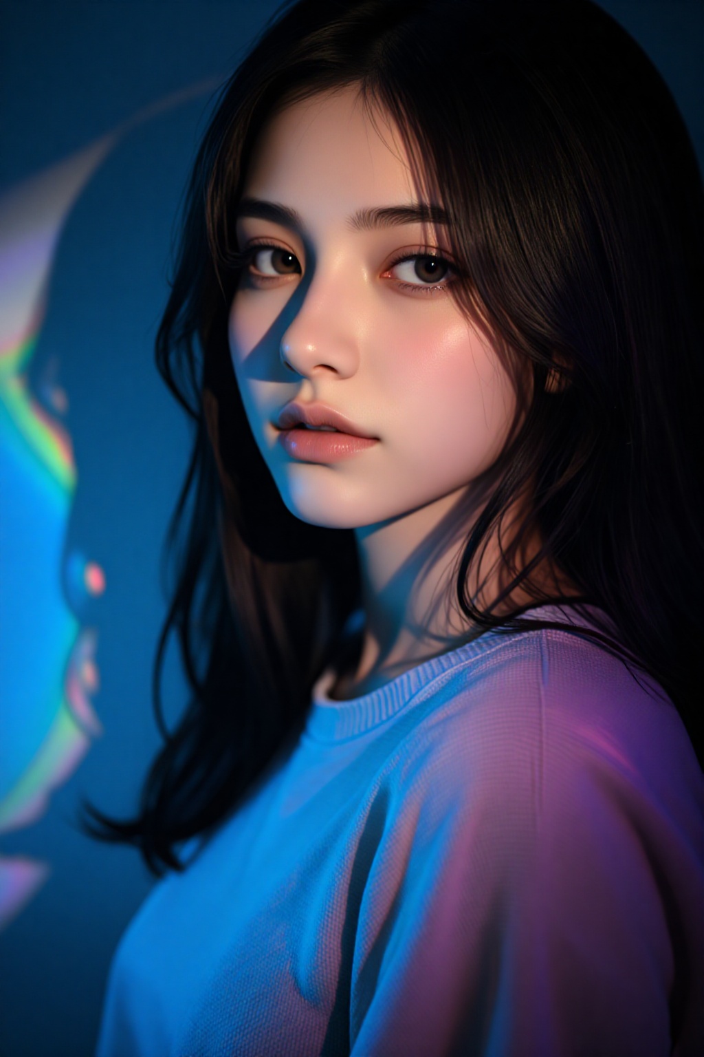 一位年轻女性的半身肖像,  她有着乌黑柔顺的长发自然垂落,  发丝在微光中泛着柔和的光泽 on Tensor.Art