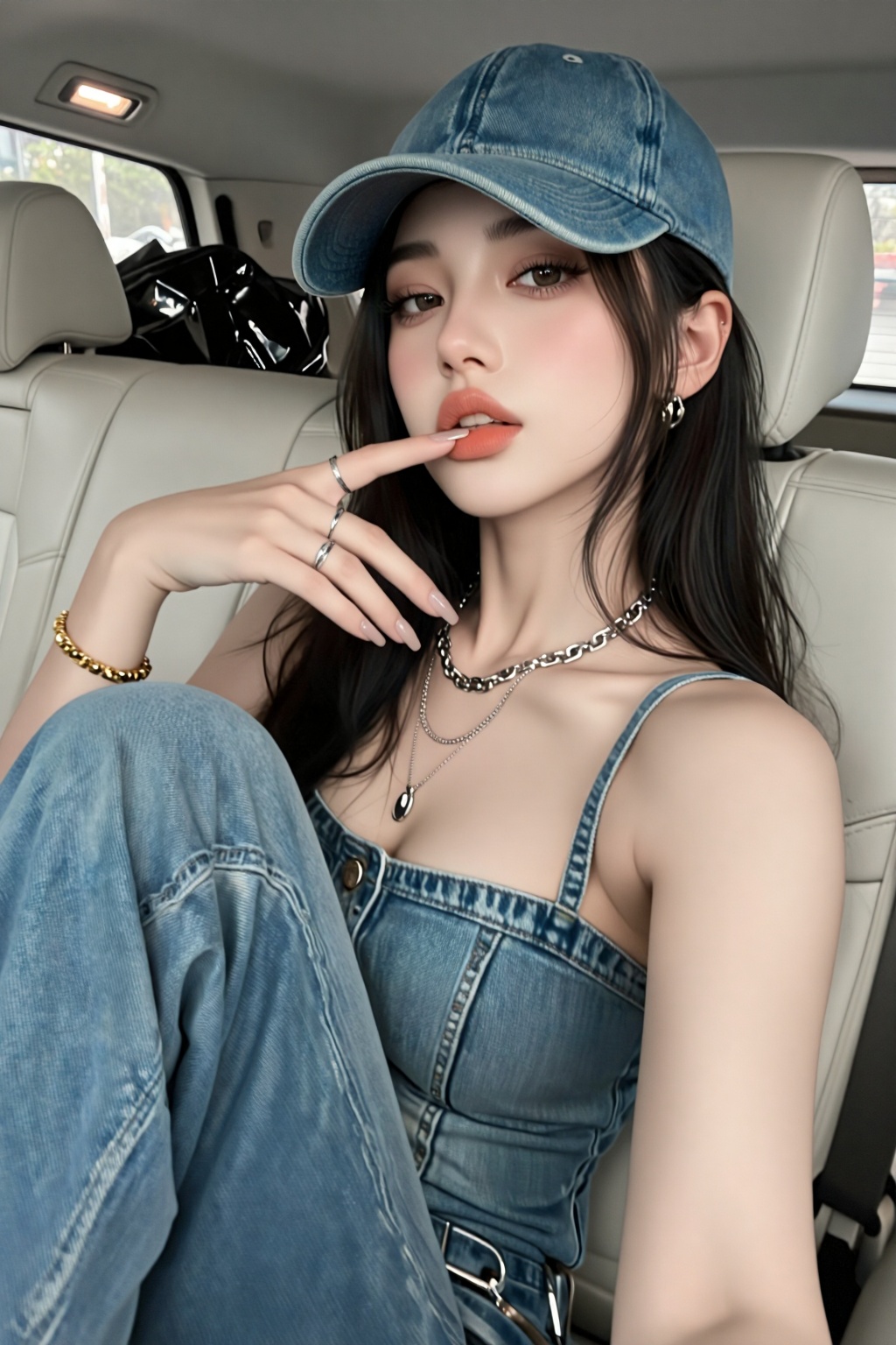 一位年轻女性坐在豪华轿车的后座,  她头戴一顶浅蓝色水洗牛仔棒球帽,  帽檐微微压低遮住部分额头 on Tensor.Art