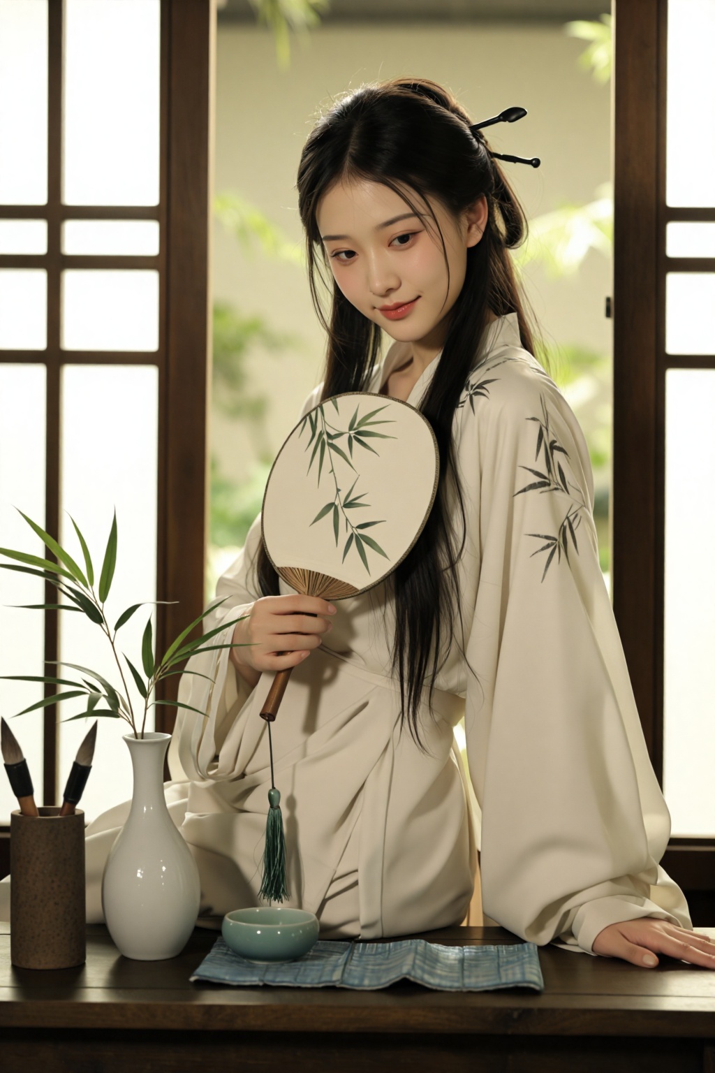 一位年轻东方女性端坐于古雅木质桌案前,  身着轻盈飘逸的米白色薄纱汉服,  衣料上绣有细密墨色竹叶纹样 on Tensor.Art