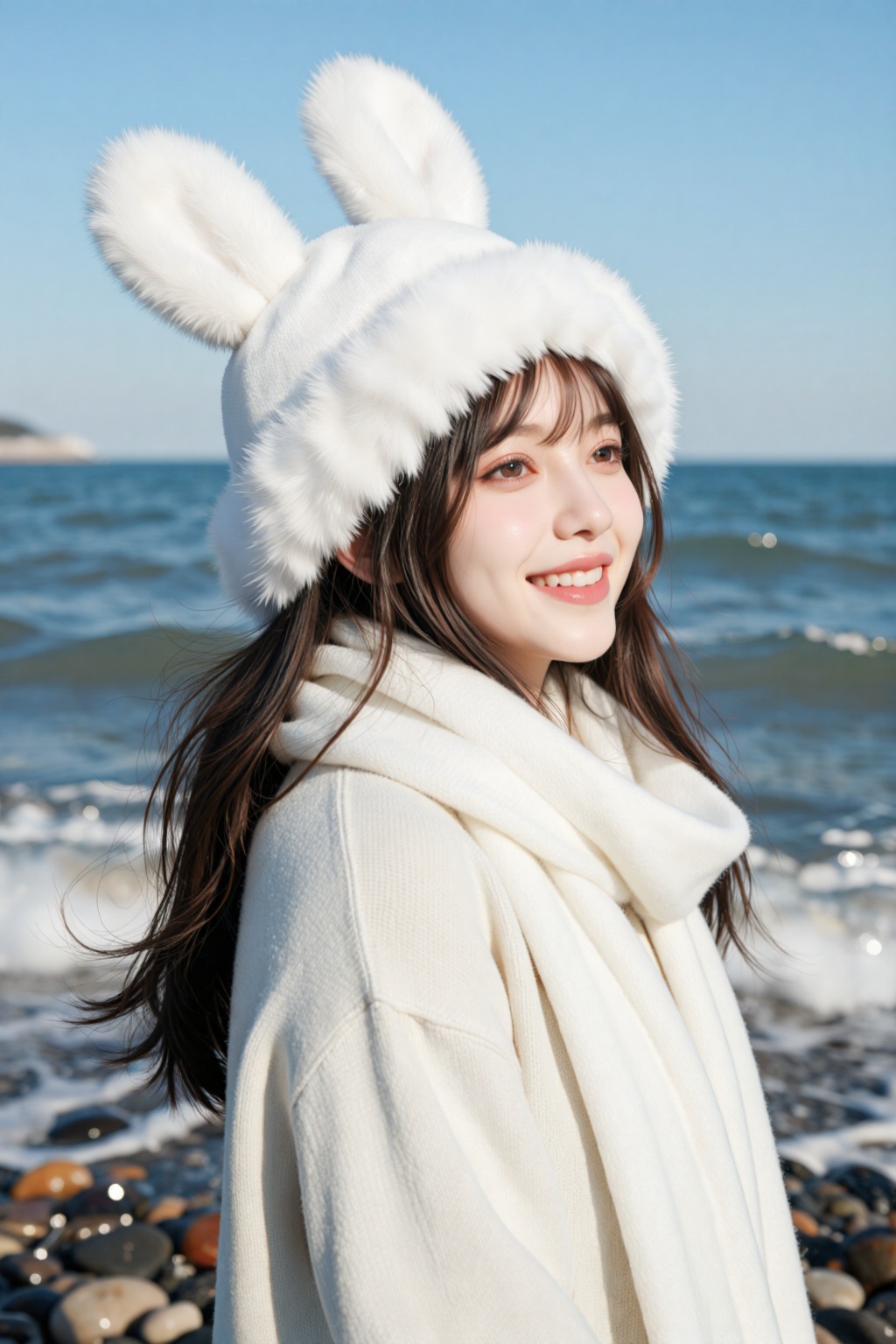 一位年轻女性侧身站立在海边,  面带微笑望向画面右侧,  她戴着一顶蓬松的白色毛绒帽 on Tensor.Art