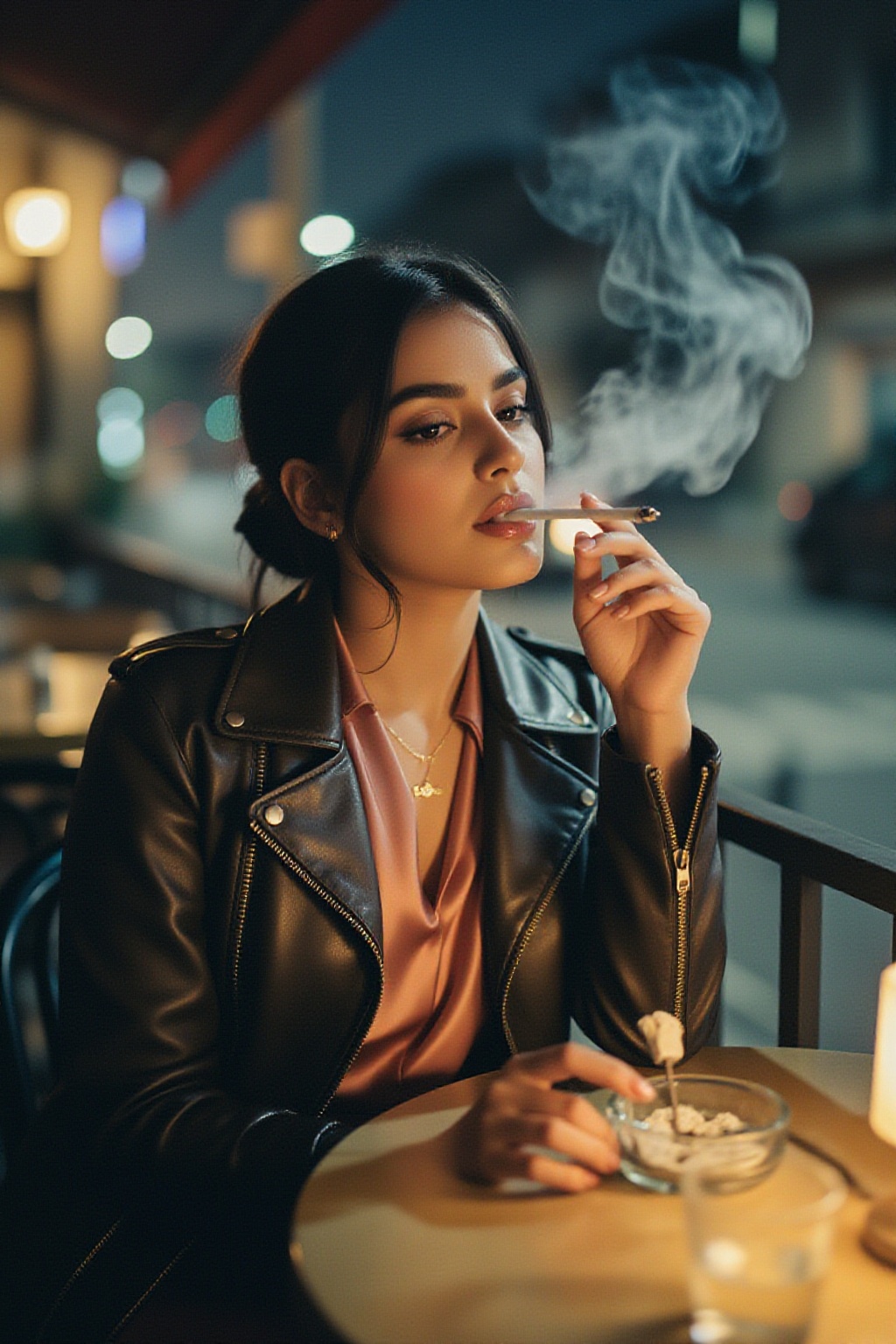 RIMP,  A stylish Indian woman_woman sitting alone at a small café table,  slowly exhaling cigarette smoke while resting he...