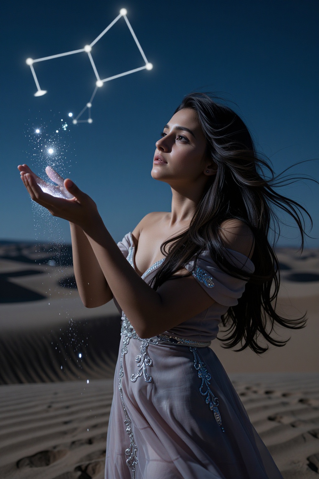 RIMP,  A luminous Indian_woman standing beneath a vast night sky as shimmering stardust flows from her hands and drifts th...