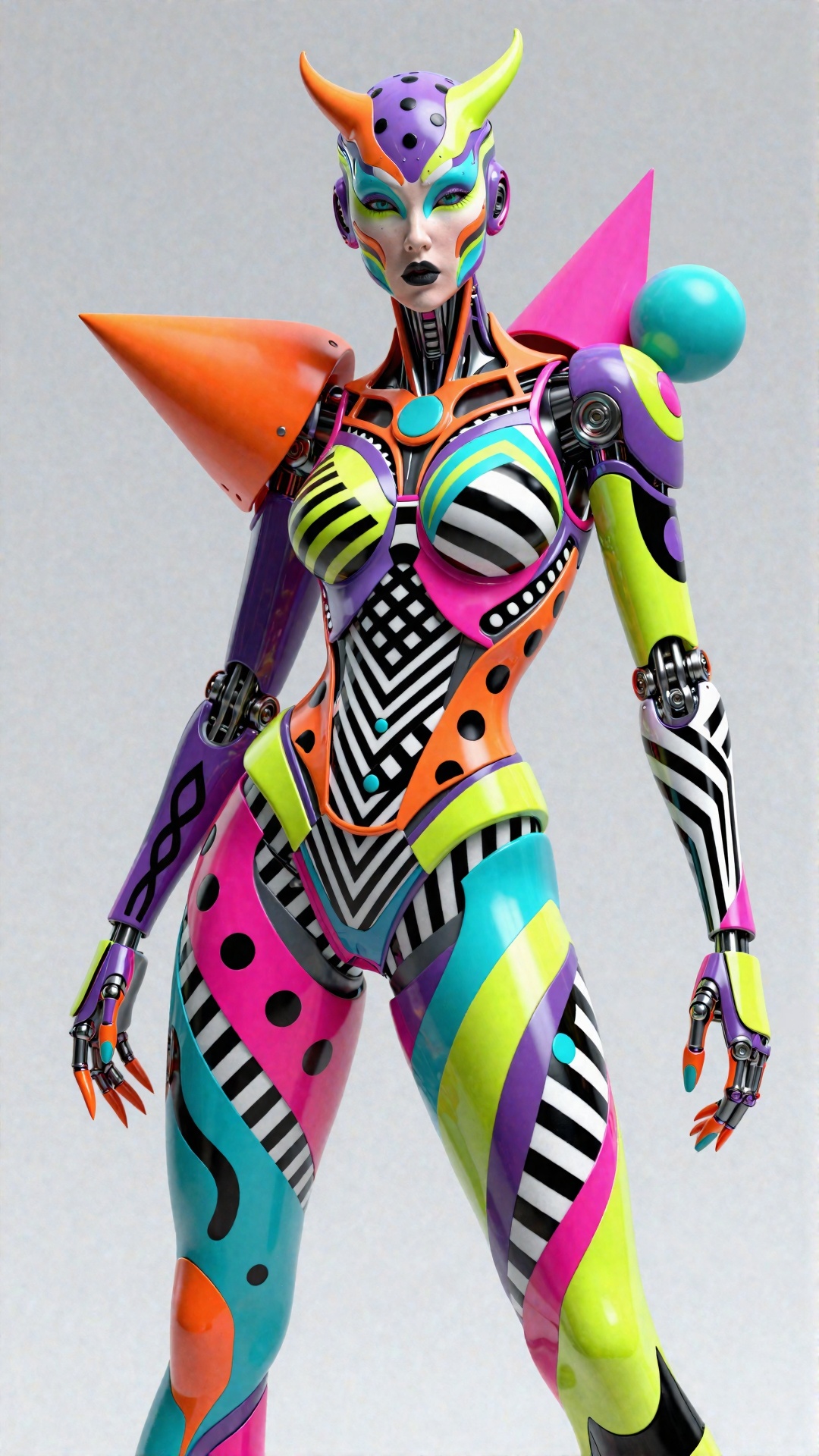 Create a photorealistic,  sci-fi high fashion demon female cyborg android robot with a high-resolution and high-quality me...